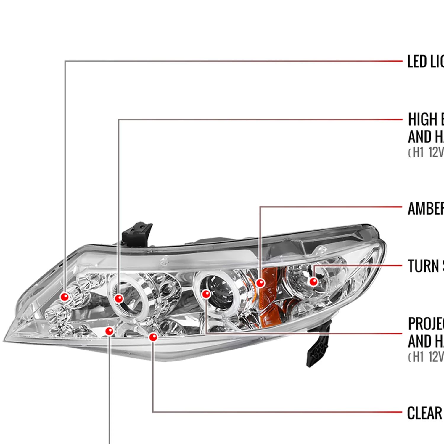 2006-2011 Honda Civic Sedan Dual Halo Projector Headlights Chrome/Clear Lens - Image 8