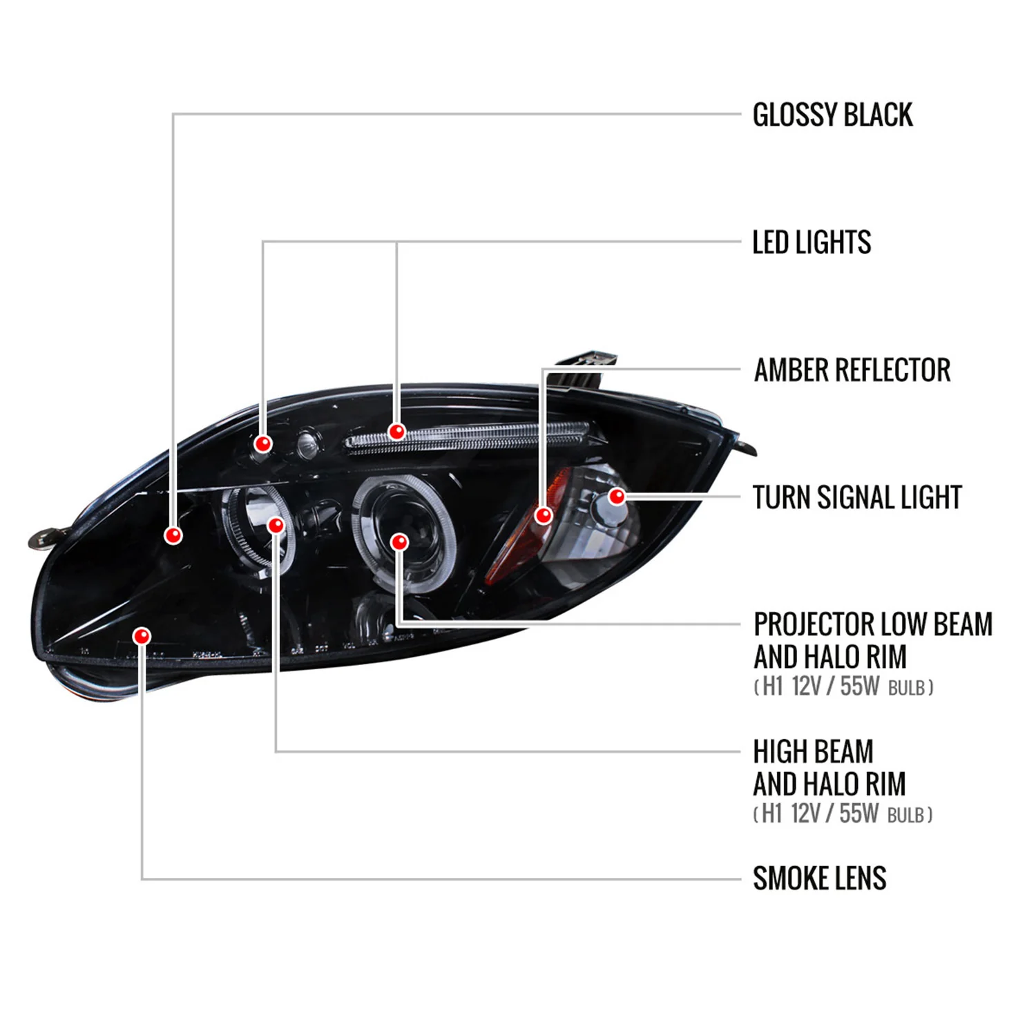 2006-2011 Mitsubishi Eclipse Dual Halo Projector Headlights Glossy Black/Smoke - Image 8