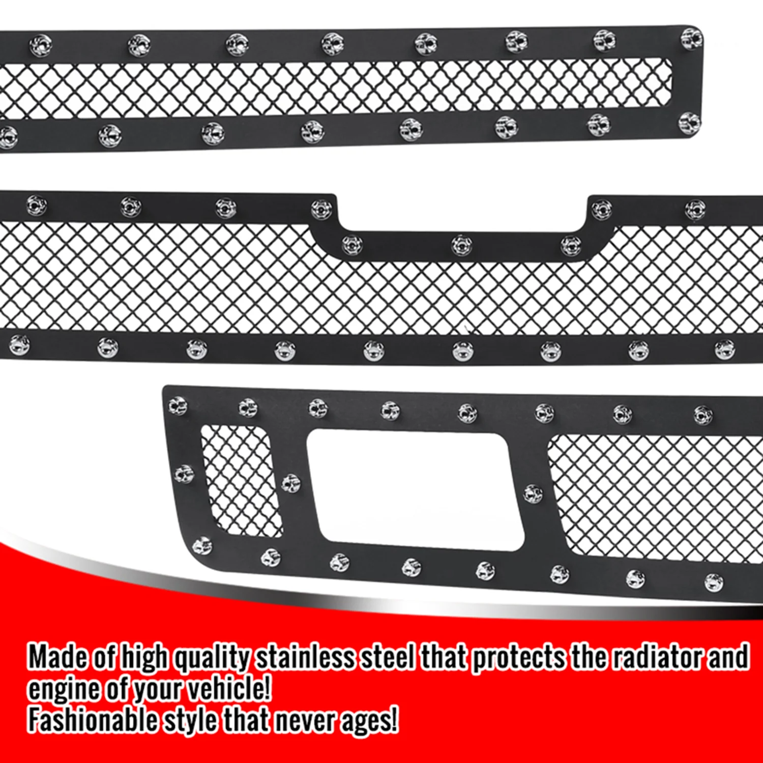 2007-2013 Chevy Silverado 1500/1500HD Rivet Black Steel 3PC Mesh Grille insert - Image 2