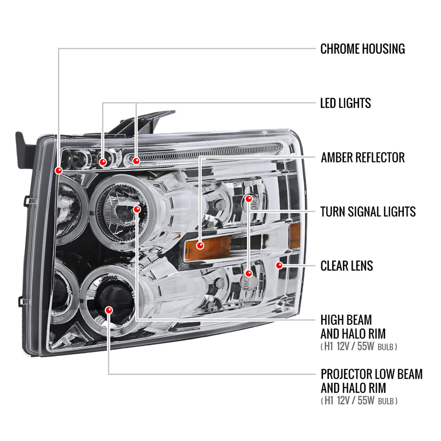 2007-2013 Chevy Silverado 1500/ 2500HD 3500HD Dual Halo Headlights Chrome - Image 8