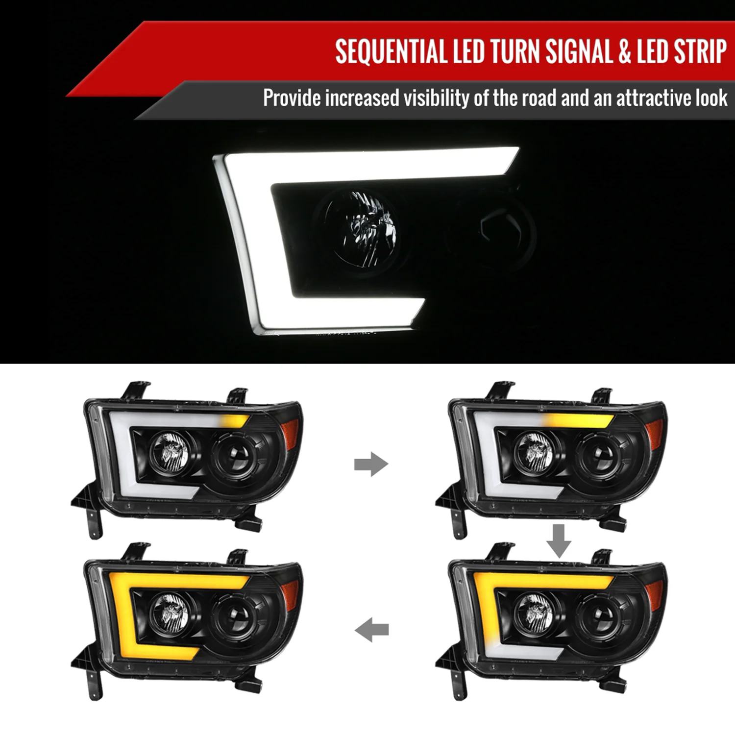 2007-2013 Toyota Tundra/ 08-2017 Sequoia LED C-Bar Headlights Signal Black - Image 2