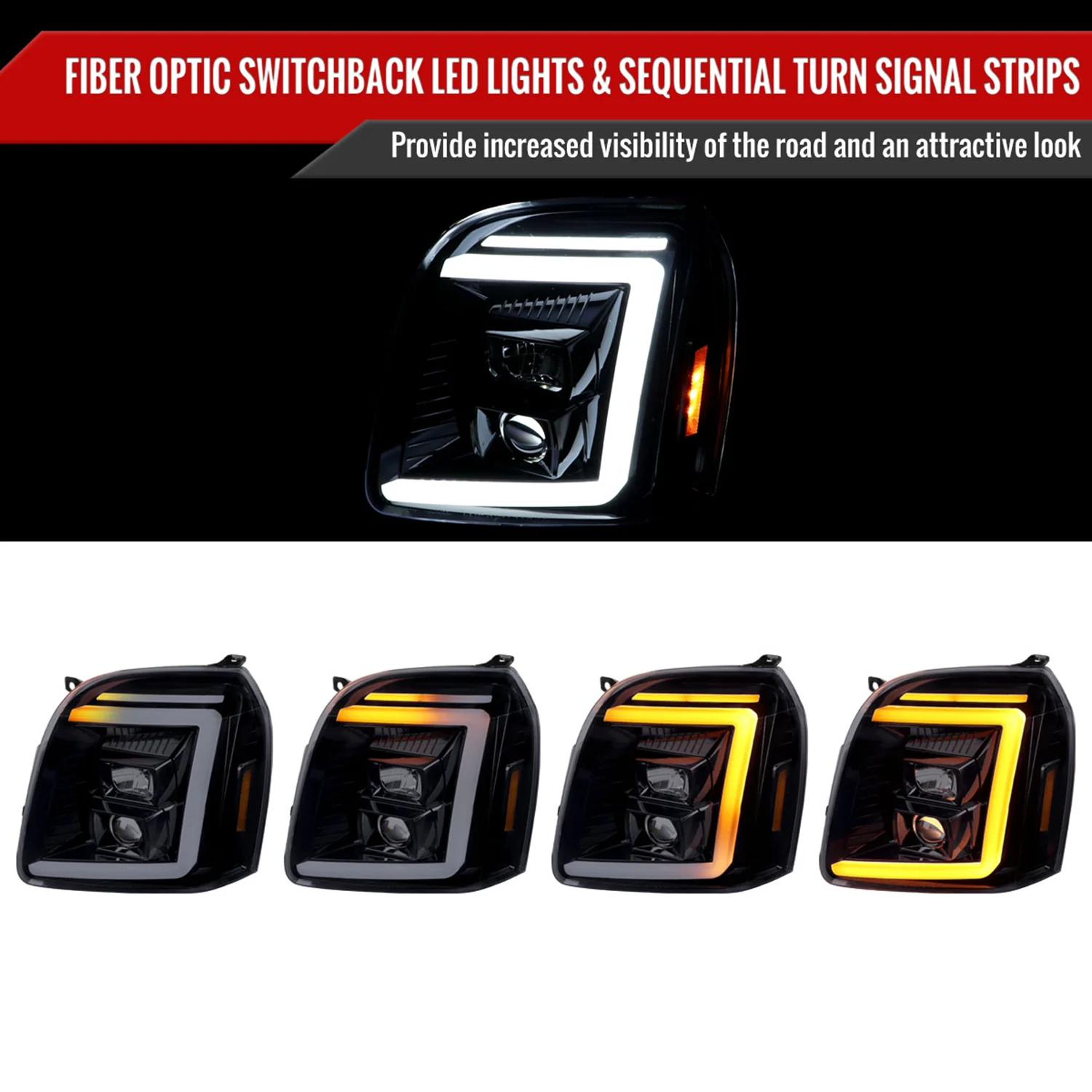 2007-2014 GMC Yukon/XL 1500/XL 2500 LED Turn Signal Projector Headlights Smoke - Image 2
