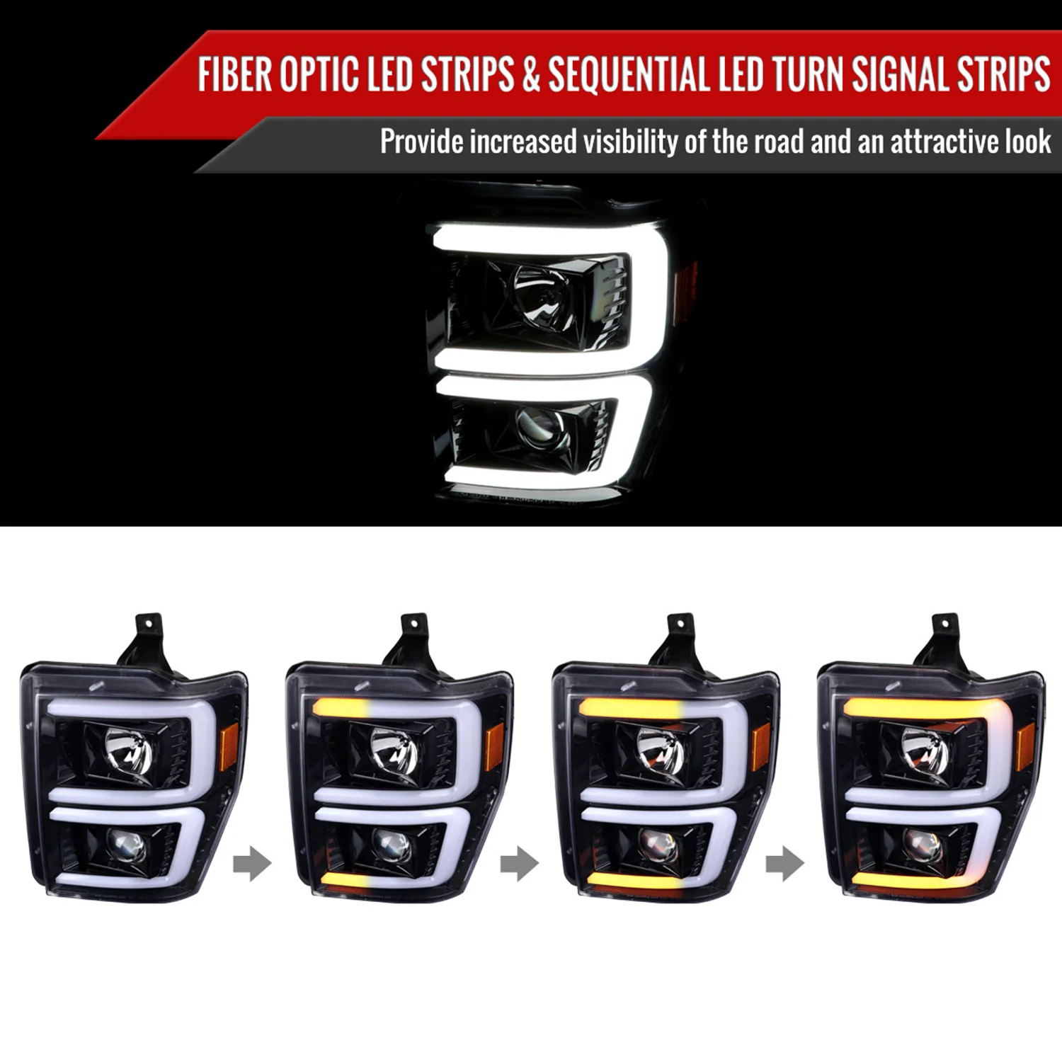 2008-2010 Ford F-250/350/450/550 LED Signal Bar Projector Headlights Jet Black - Image 2