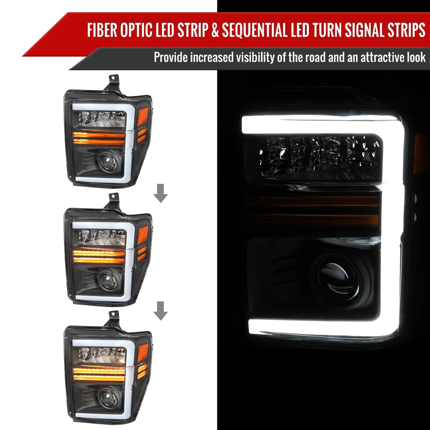 2008-2010 Ford F-250/350/450/550 Super Duty Headlights LED Signal Black - Image 2