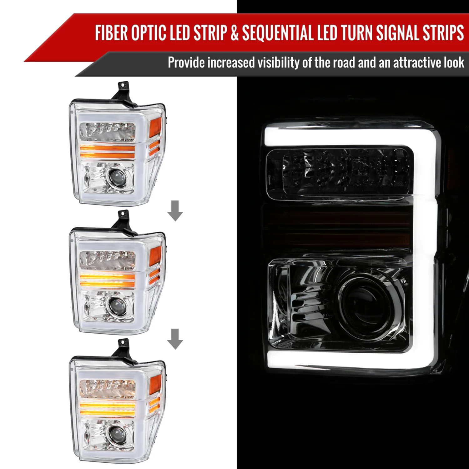 2008-2010 Ford F-250/350/450/550 Super Duty Headlights LED Signal Chrome - Image 2