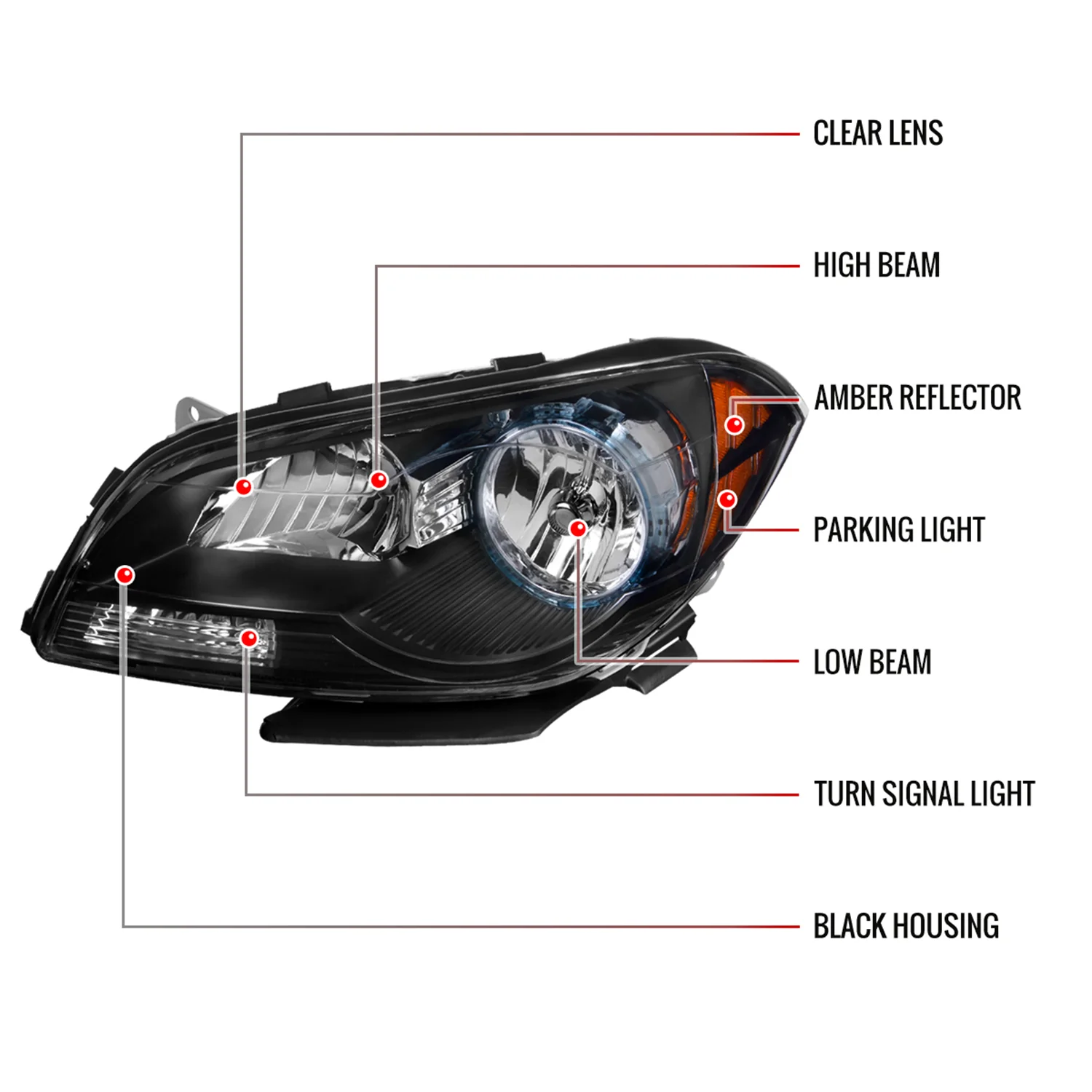 2008-2012 Chevy Malibu LS/LT/LTZ Crystal Headlights Amber Reflectors Black - Image 8