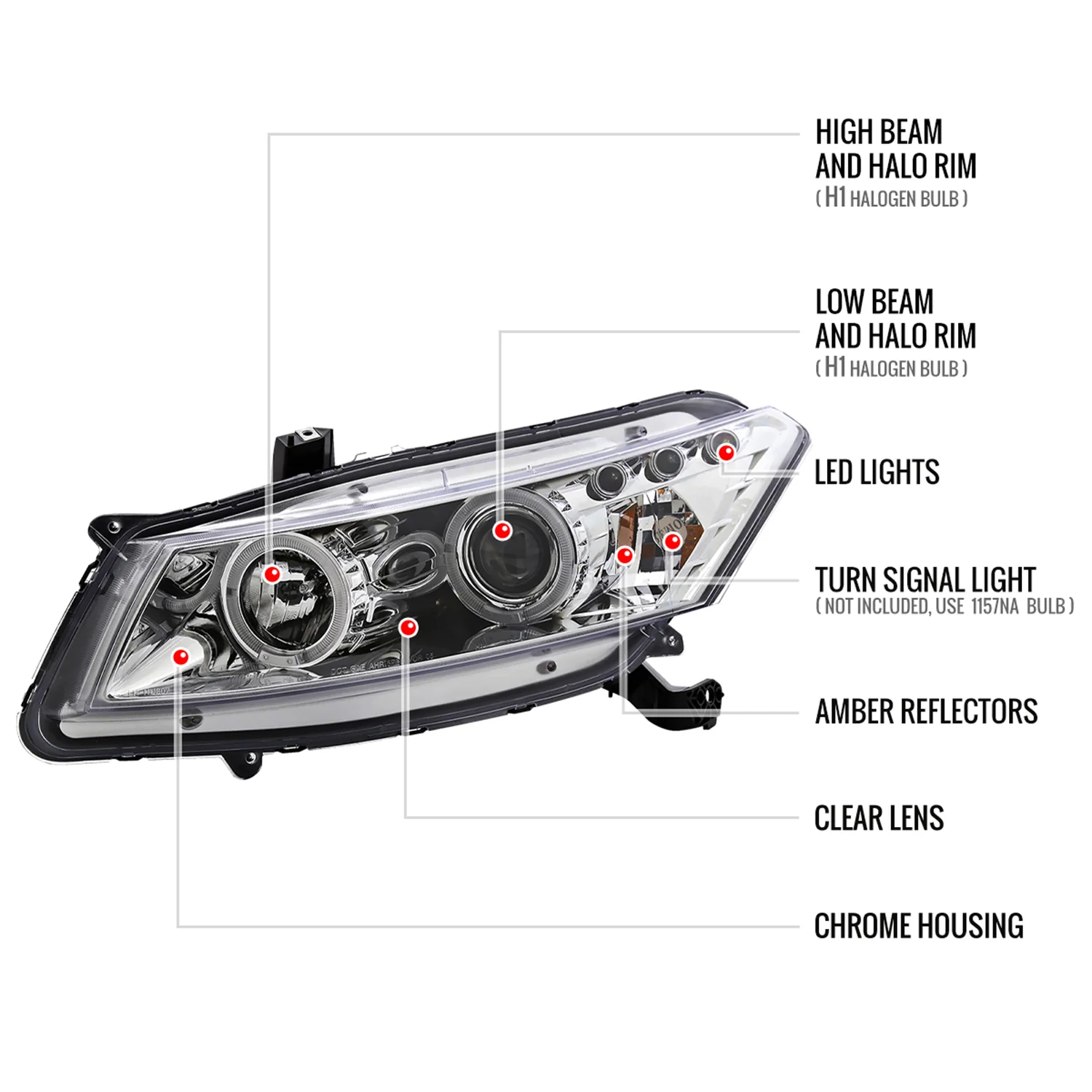2008-2012 Honda Accord Coupe Dual Halo Projector Headlights Chrome/Clear Lens - Image 8