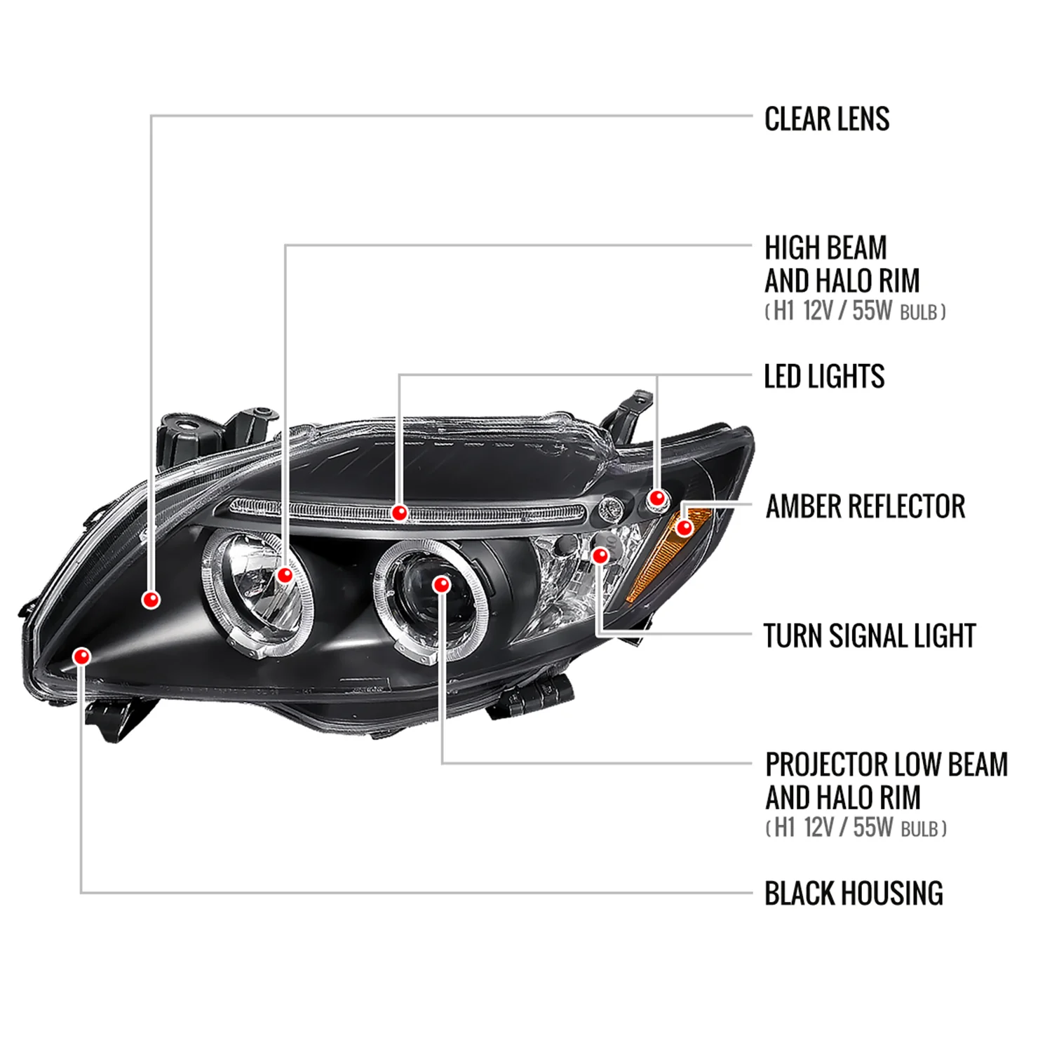 2009-2010 Toyota Corolla Dual Halo Projector Headlights Matte Black/Clear Lens - Image 8