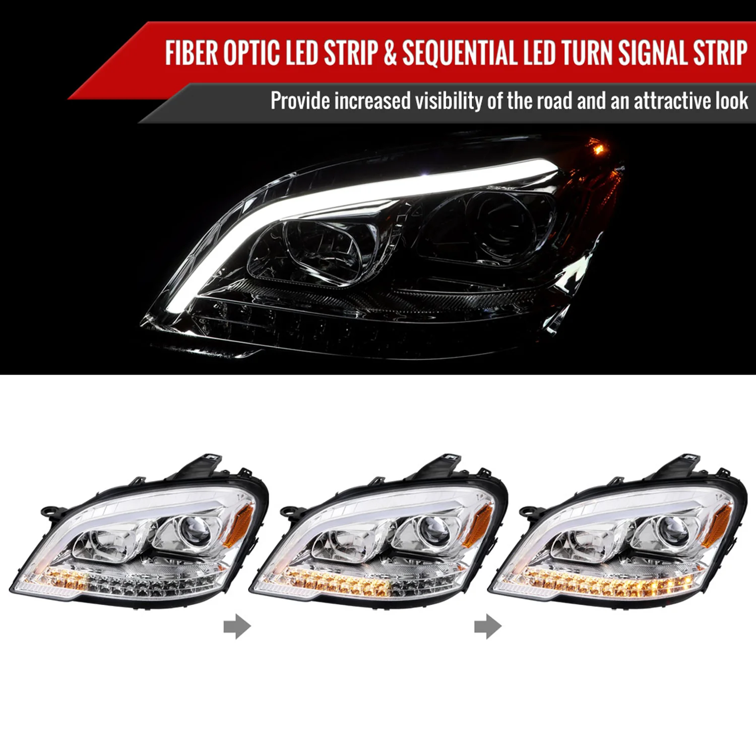 2009-2011 Mercedes Benz W164 ML-Class LED Sequetial Signal Headlights Chrome - Image 2