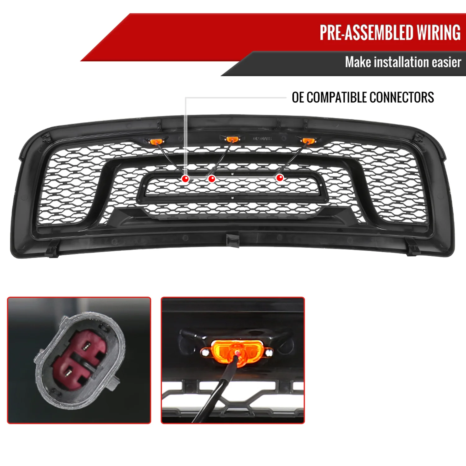 2009-2012 Dodge RAM 1500 Rebel Style Front hood Grille w/ Amber LED Lights - Image 7