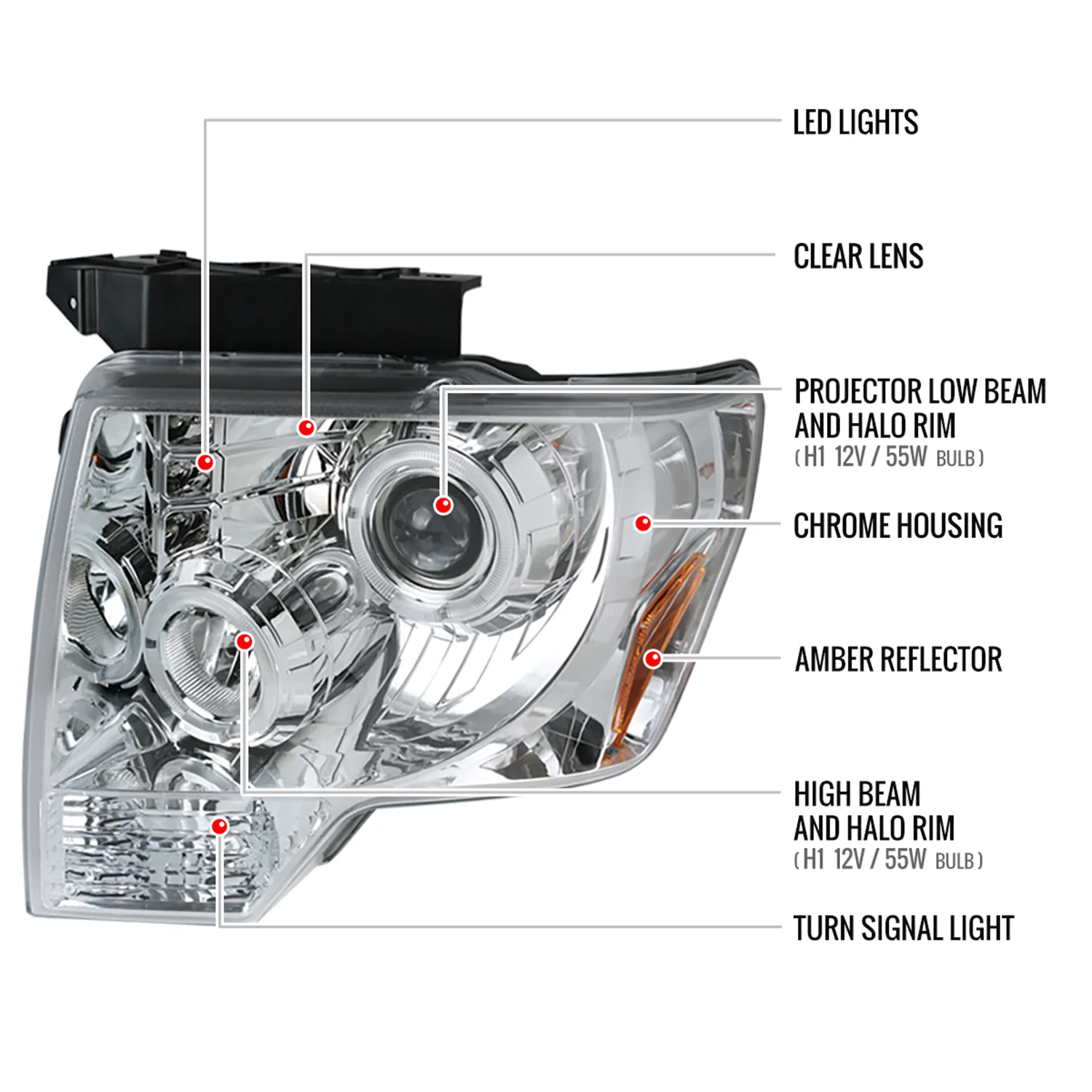 2009-2014 Ford F-150 Dual Halo Projector Headlights Chrome/Clear Lens - Image 8