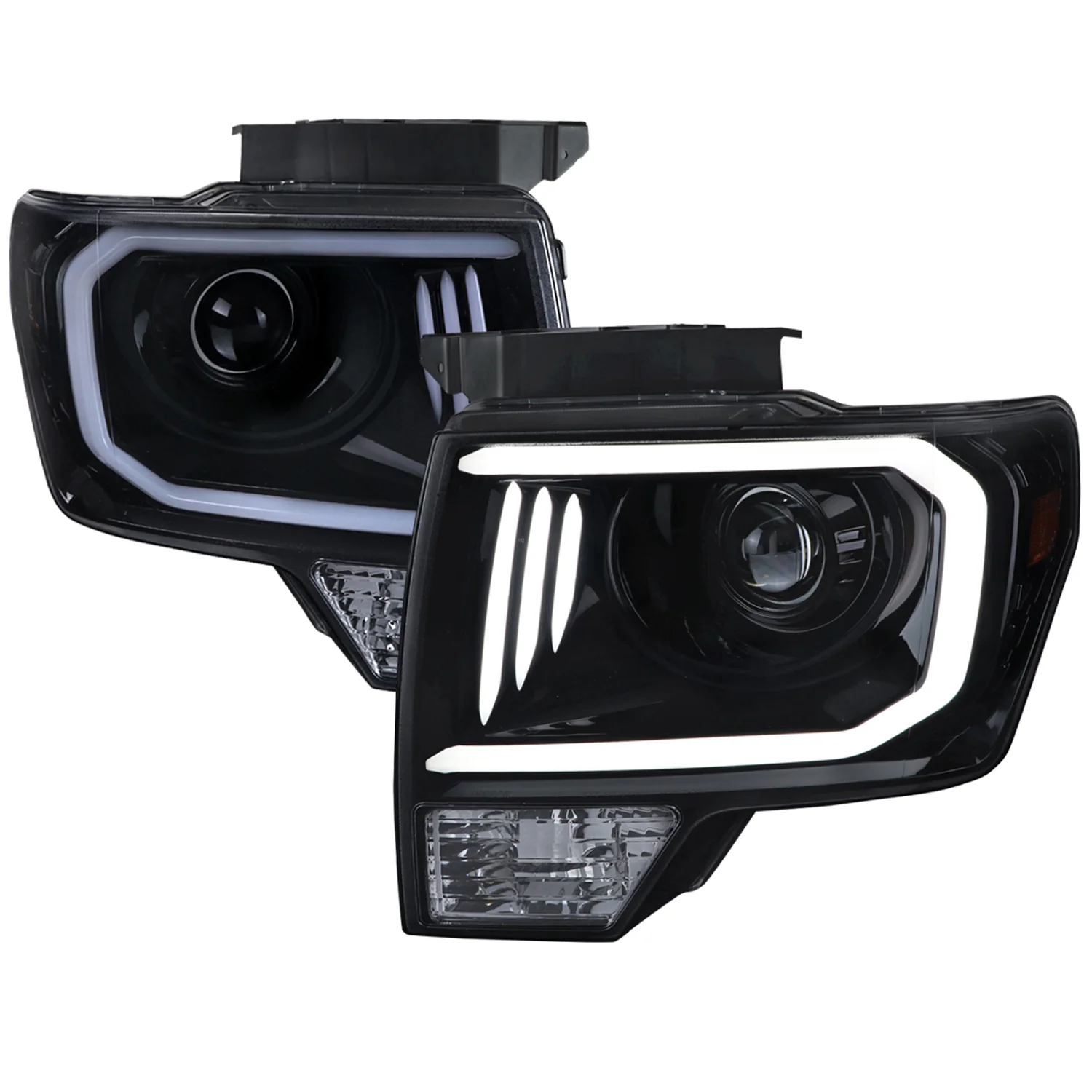 2009-2014 Ford F-150 LED C-Bar Projector Headlights Glossy Black/Smoke Lens