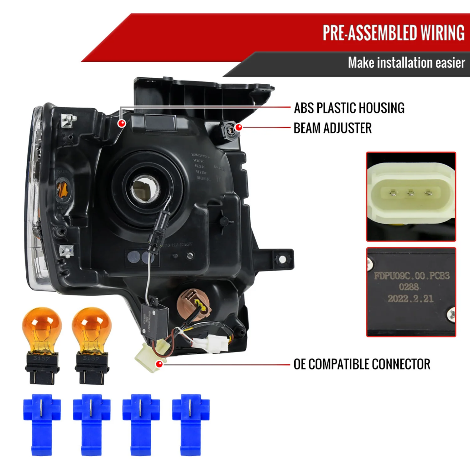 2009-2014 Ford F-150 LED Tube Factory Style Headlights Matte Black/Clear Lens - Image 7