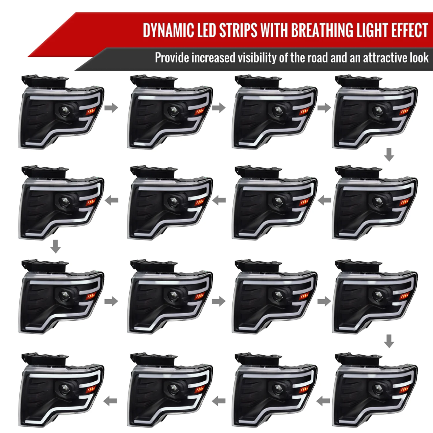 2009-2014 Ford F-150 Sequential LED Turn Signal Projector Headlights Black - Image 3