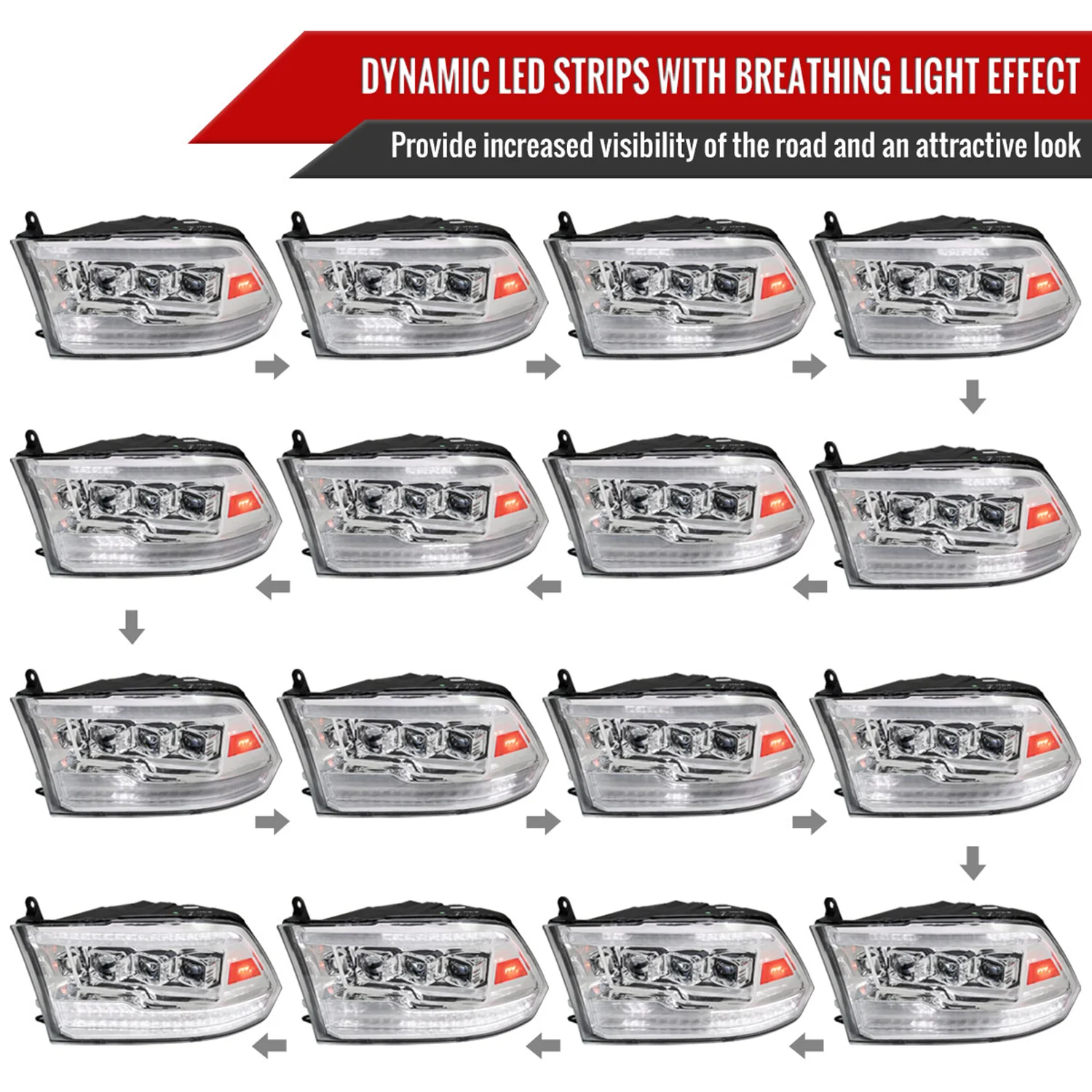 2009-2018 Dodge RAM 1500 / RAM 2500 3500 Full LED Switchback Headlights Chrome - Image 3