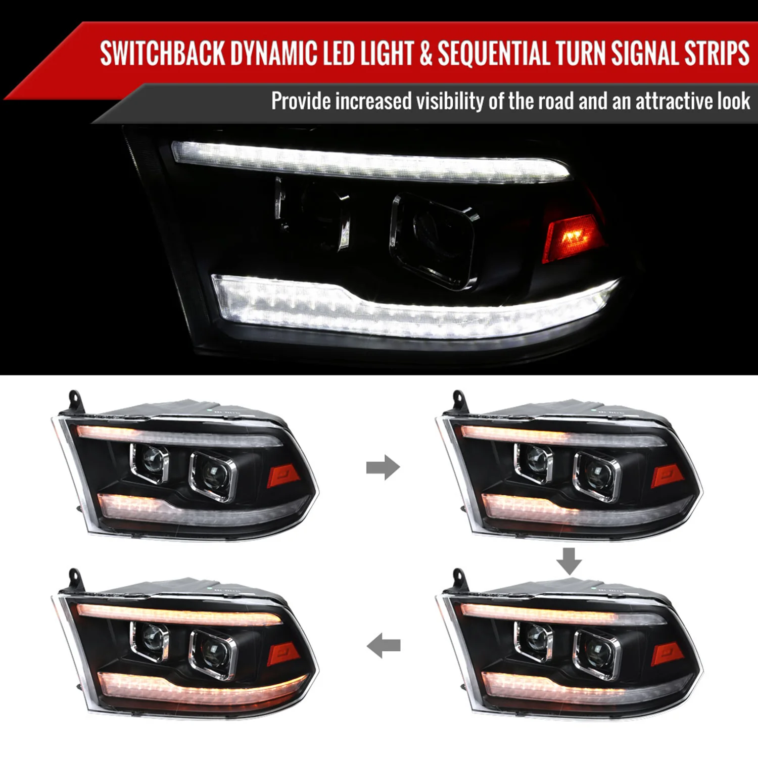 2009-2018 Dodge RAM 1500 / RAM 2500 3500 Switchback Headlights Matte Black - Image 2