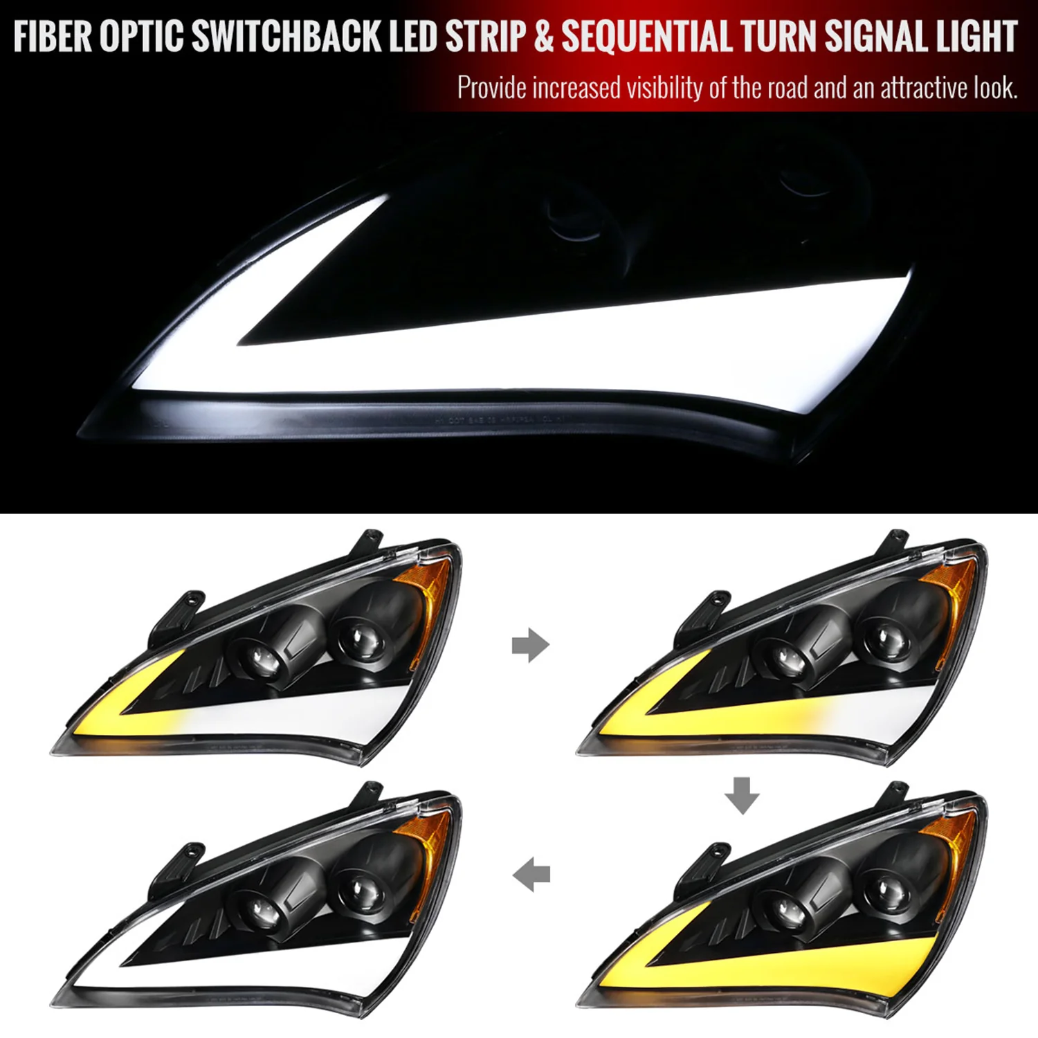 2010-2012 Hyundai Genesis Coupe Sequential LED Bar Projector Headlights Black - Image 2