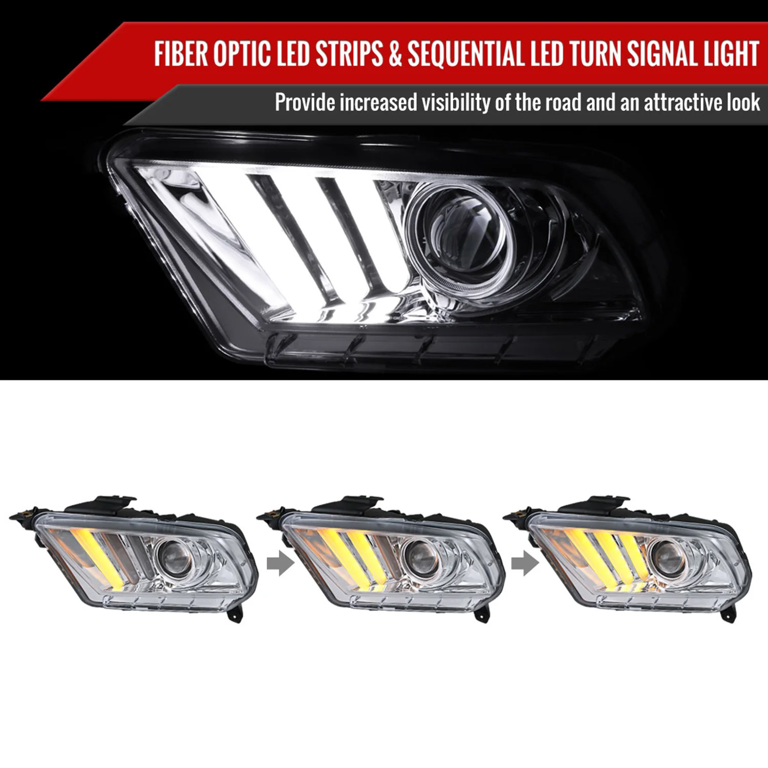 2010-2014 Ford Mustang Sequential LED Bar Projector Headlights Chrome/Clear - Image 2