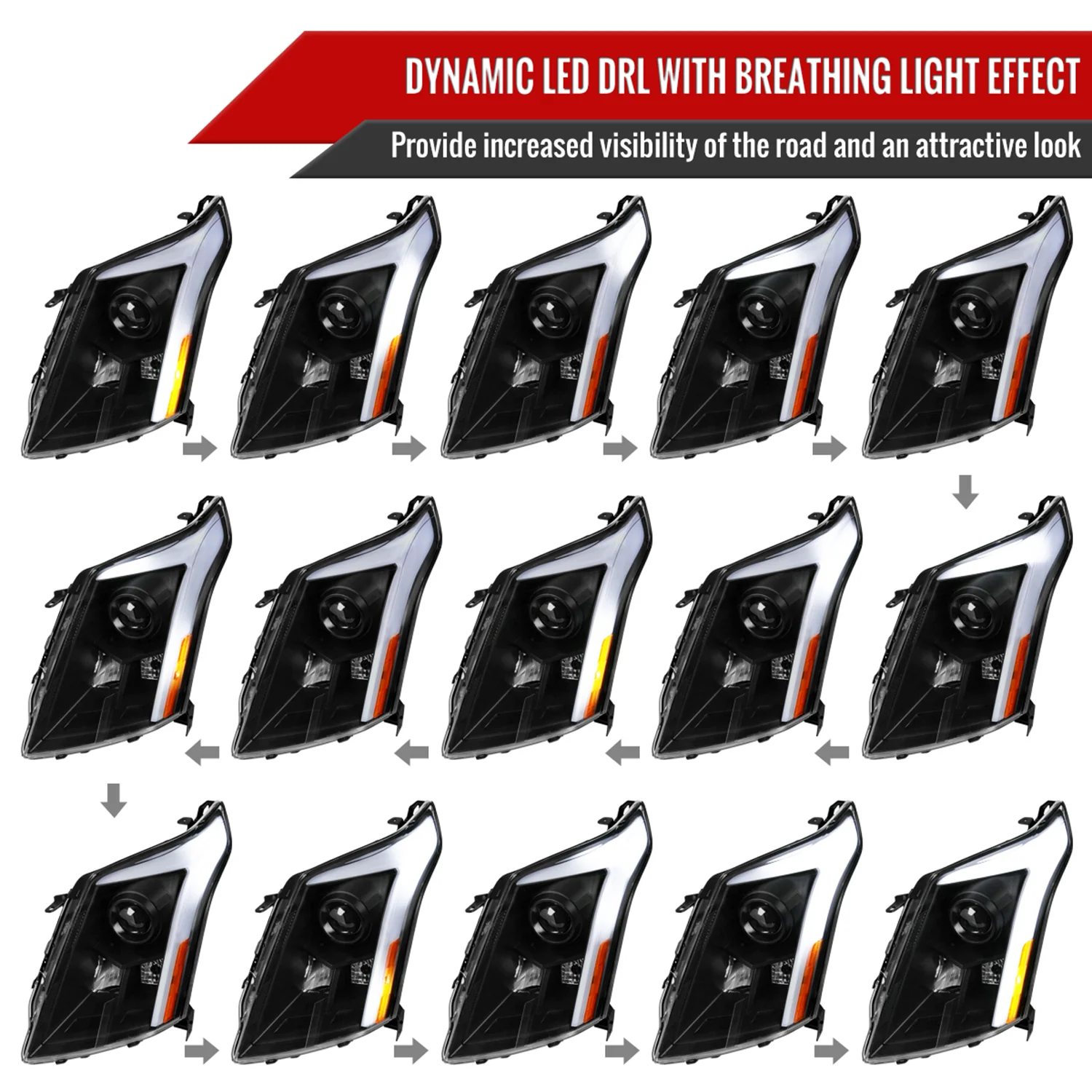 2010-2016 Cadillac SRX Projector Headlights Turn Signal LED Bar Black - Image 3