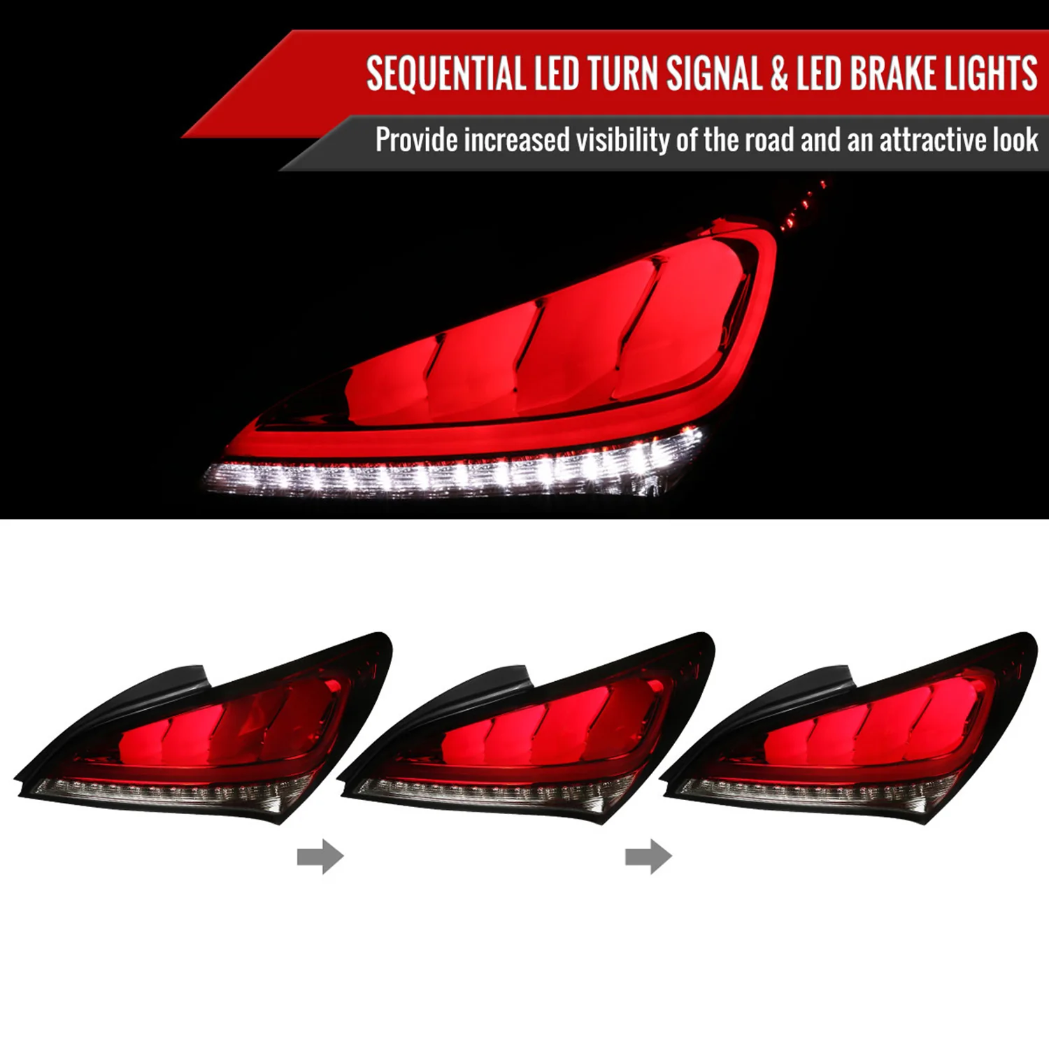2010-2016 Hyundai Genesis Coupe White Bar LED Tail Lights Chrome/Red Smoke - Image 2