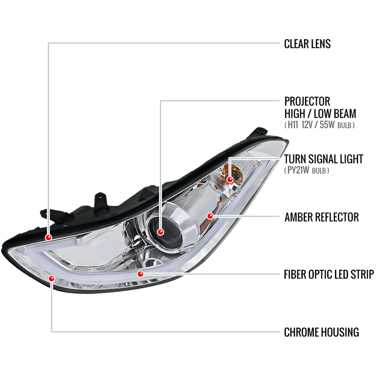 2011-2013 Hyundai Elantra LED Bar Projector Headlights Chrome/Clear Lens - Image 8