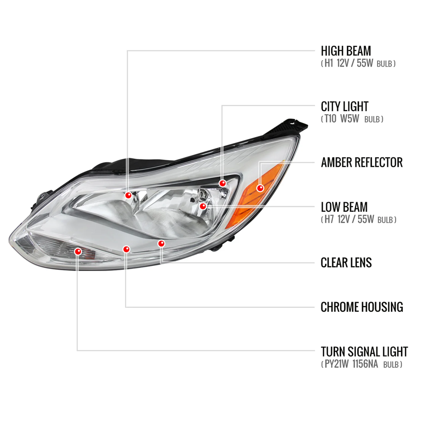 2012-2014 Ford Focus Factory Style Headlights w/ Amber Reflectors Chrome/Clear - Image 8