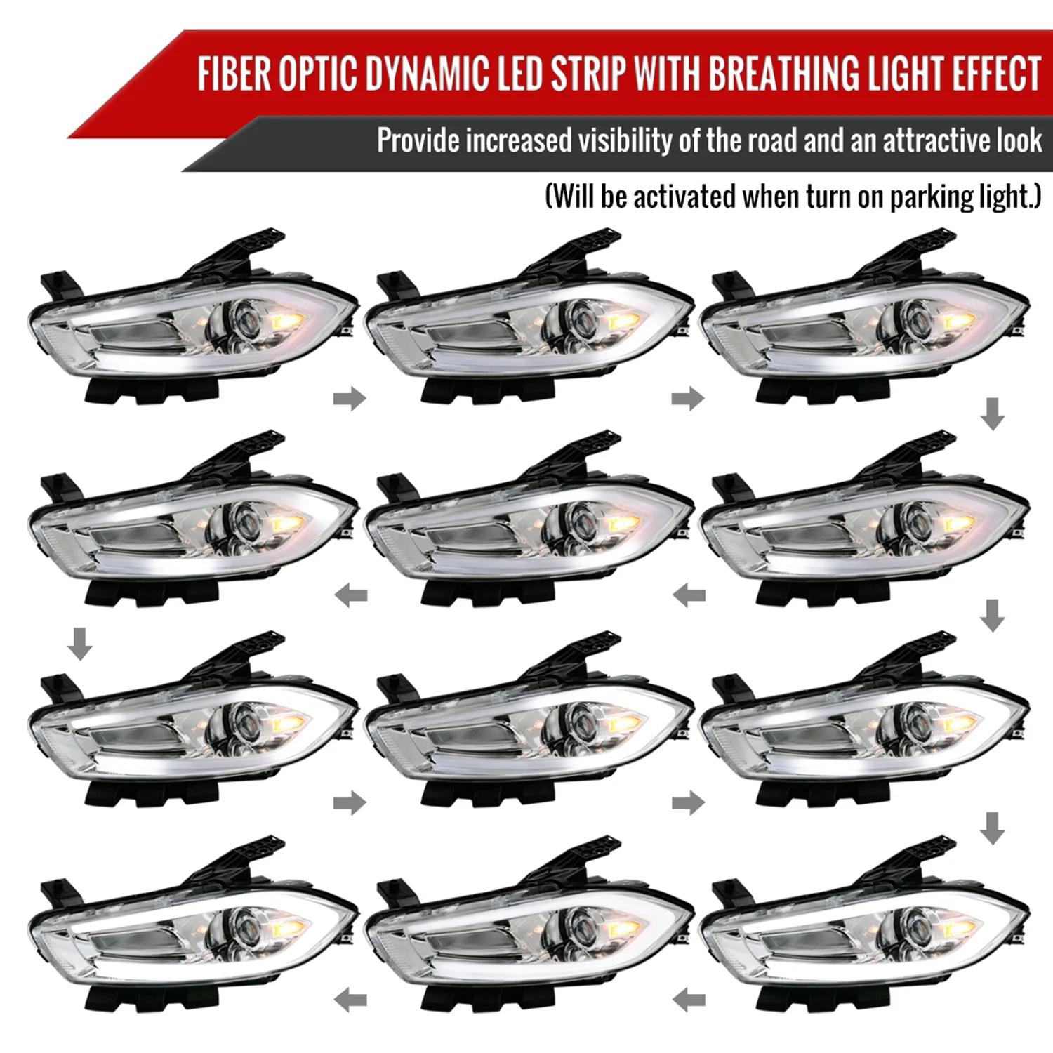2013-2016 Dodge Dart Sequential Animated LED Bar Projector Headlights Chrome - Image 3