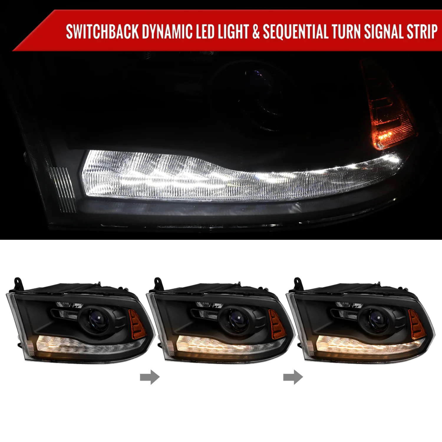 2013-2018 RAM 1500 2500 3500 LED Bar Signal Projector Headlights Black - Image 2