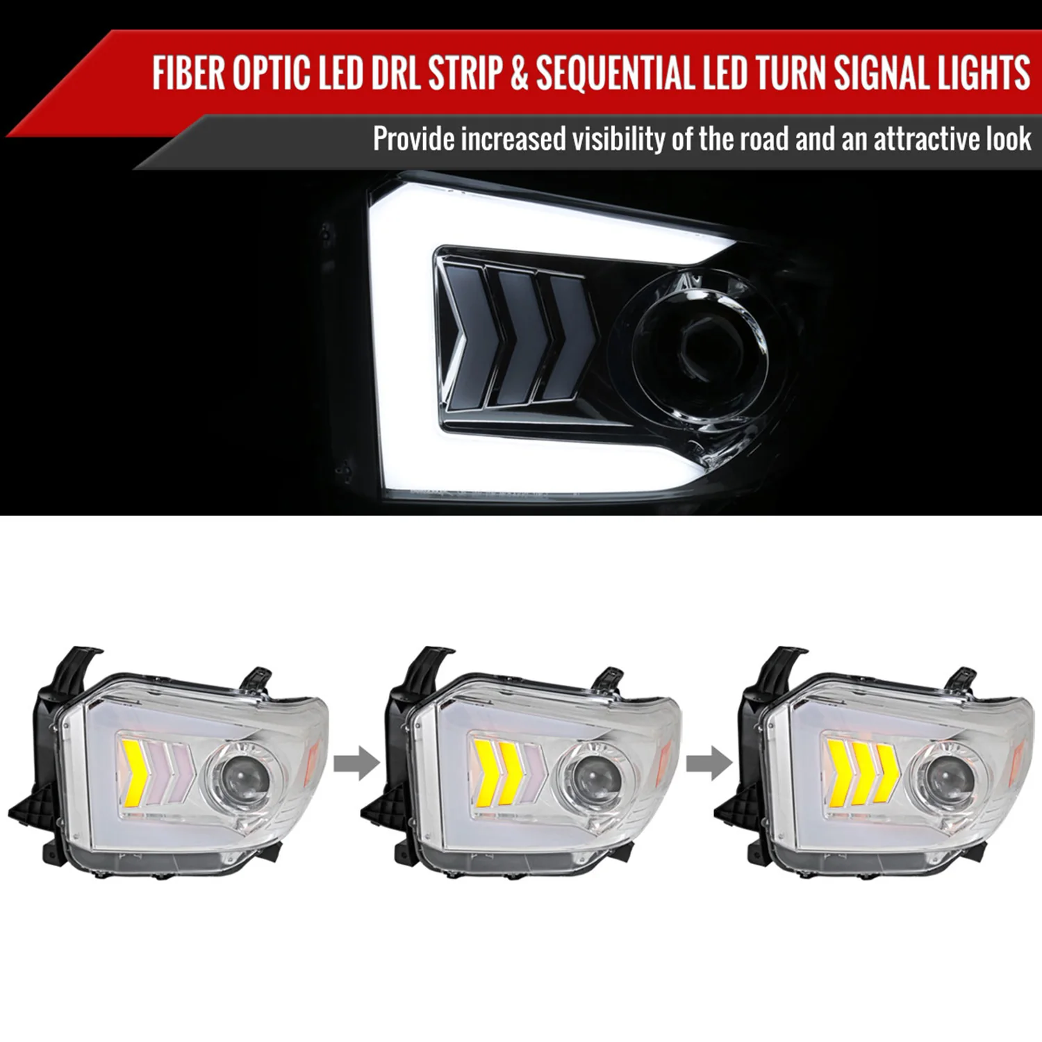 2014-2021 Toyota Tundra LED CBar Projector Headlights Arrow Signals Chrome - Image 2