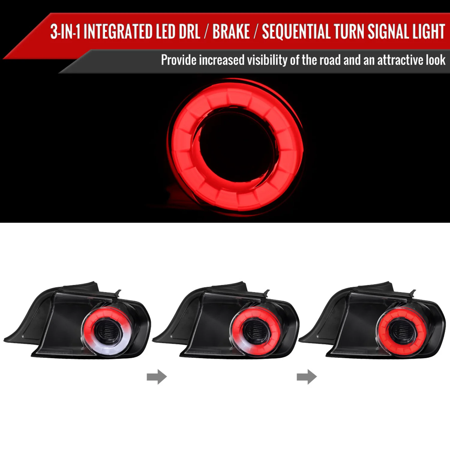 2015-2022 Ford Mustang White LED Bar Tail Lights Glossy Black - Image 2