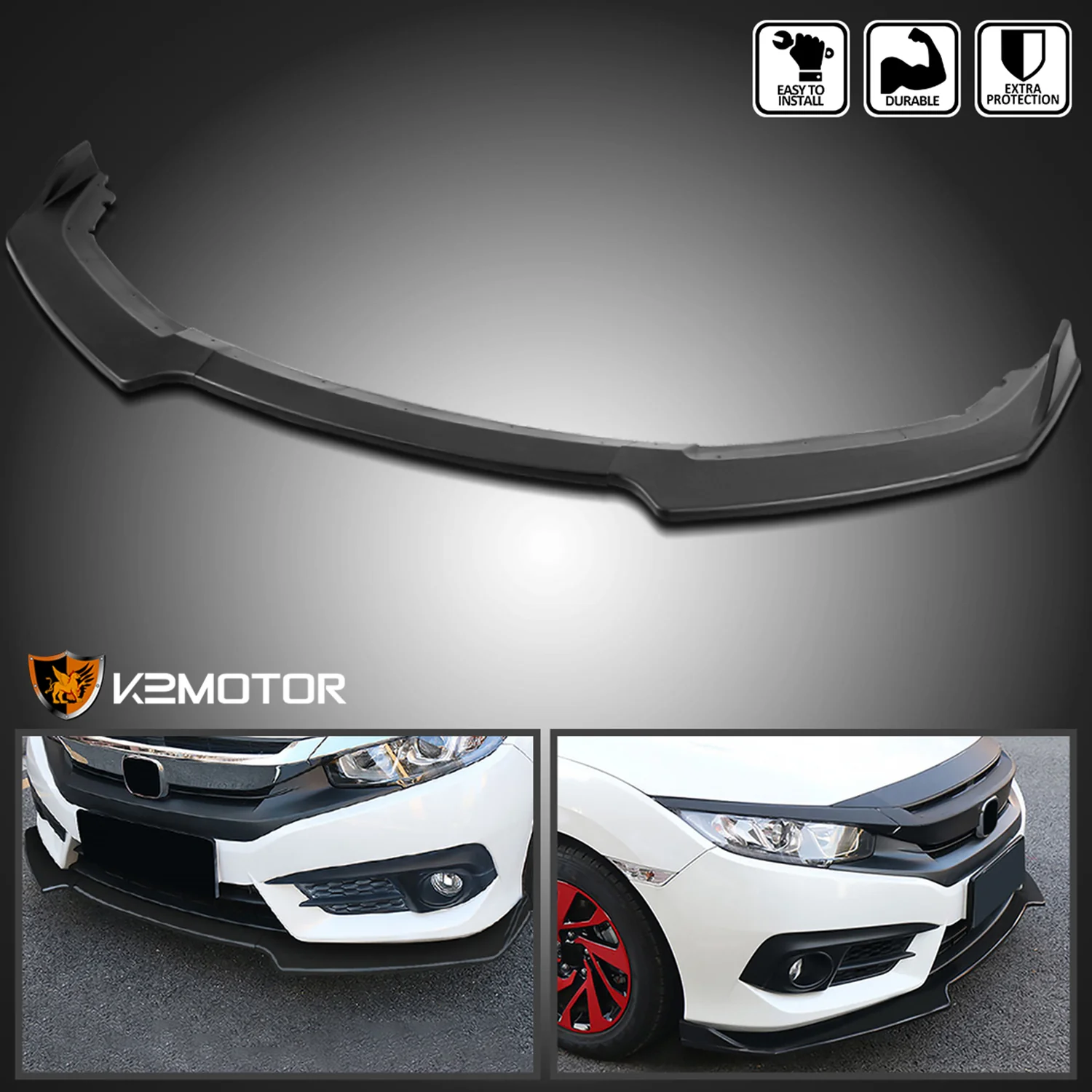 2016-2018 Honda Civic Sedan Matte Black Polypropylene 3Pcs Bumper Lip - Image 2