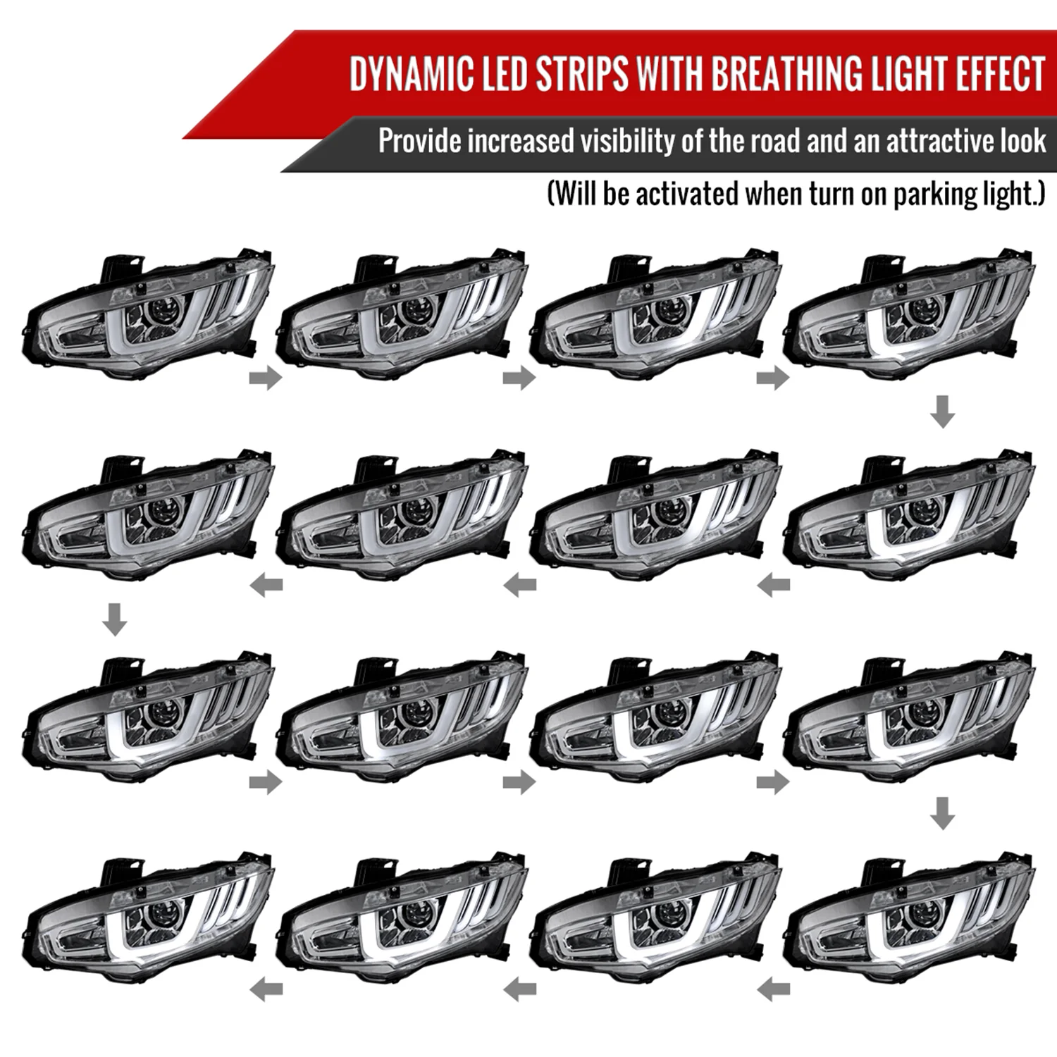 2016-2021 Honda Civic Full LED Projector Headlights Turn Signal Chrome - Image 3