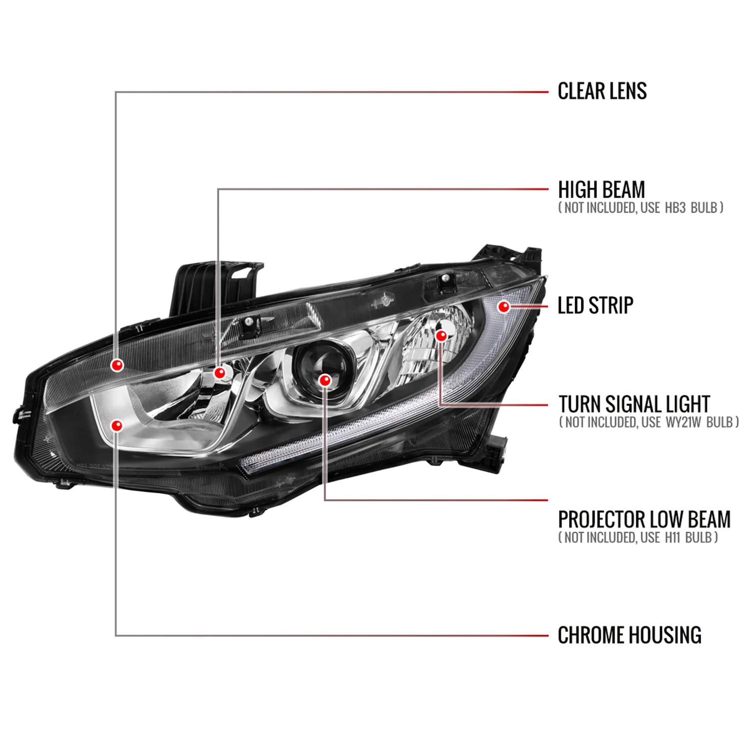 2016-2021 Honda Civic LED Strip Factory Projector Headlights Chrome/Clear - Image 8