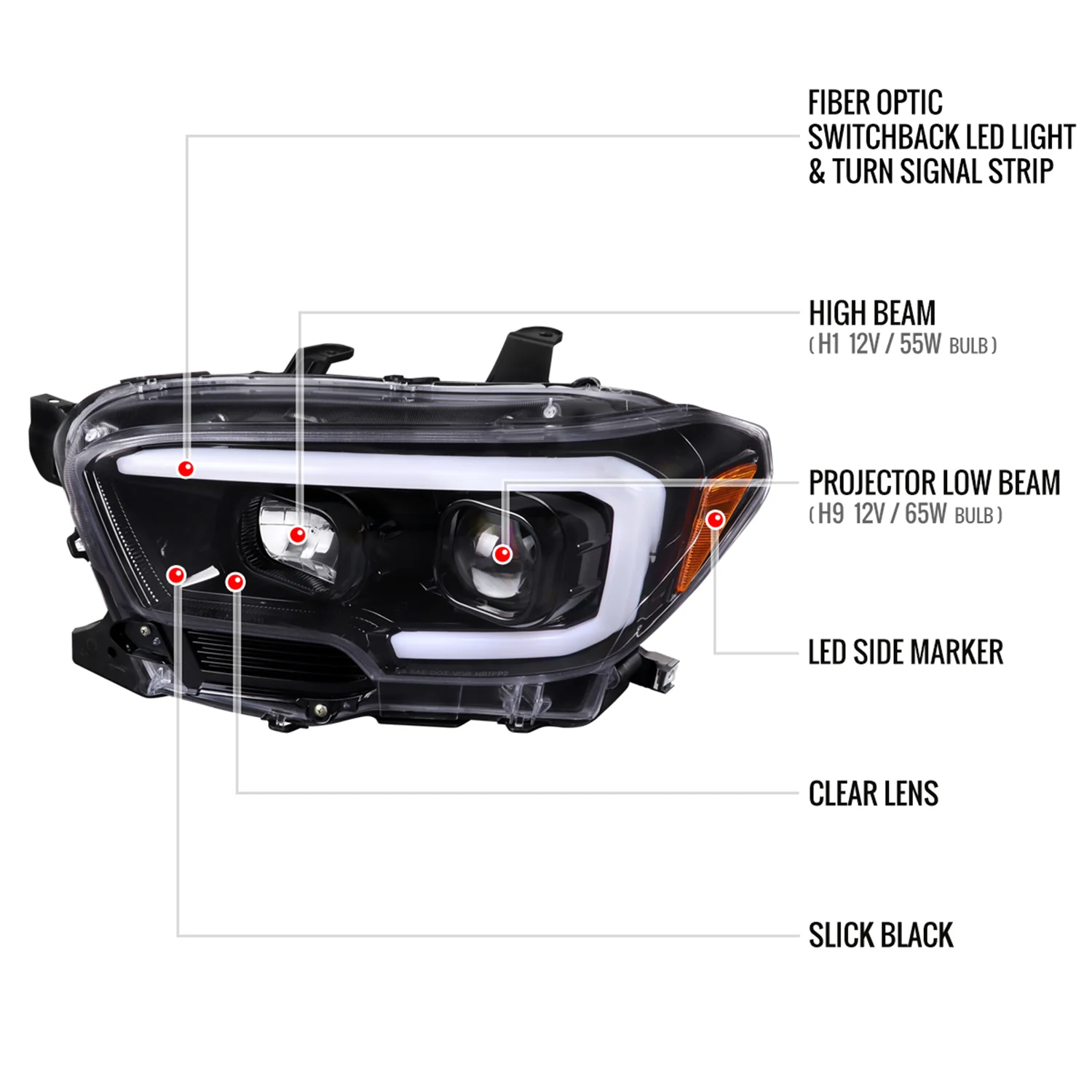 2016-2023 Toyota Tacoma Switchback LED C-Bar Projector Headlights Glossy Black - Image 8