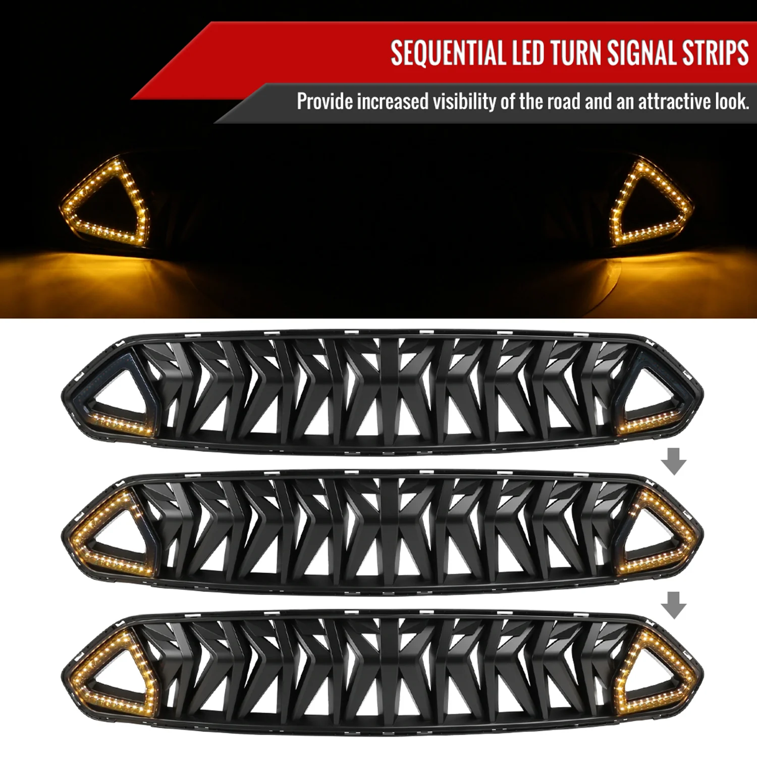 2018-2023 Ford Mustang Shark Hood Grille w/Sequential LED Turn Signal Lights - Image 3