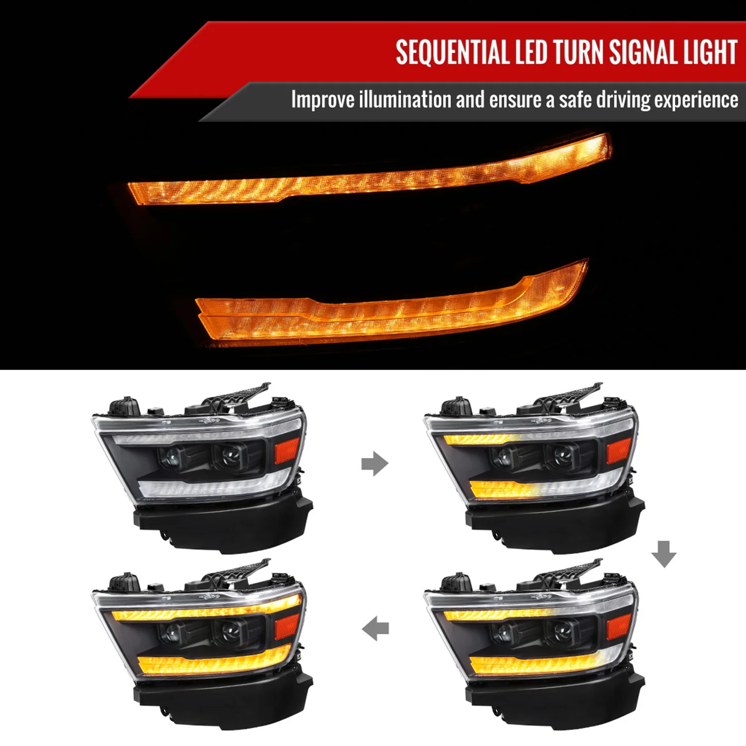 2019-2024 Dodge RAM 1500 Sequential LED Turn Signal Projector Headlights Black - Image 2