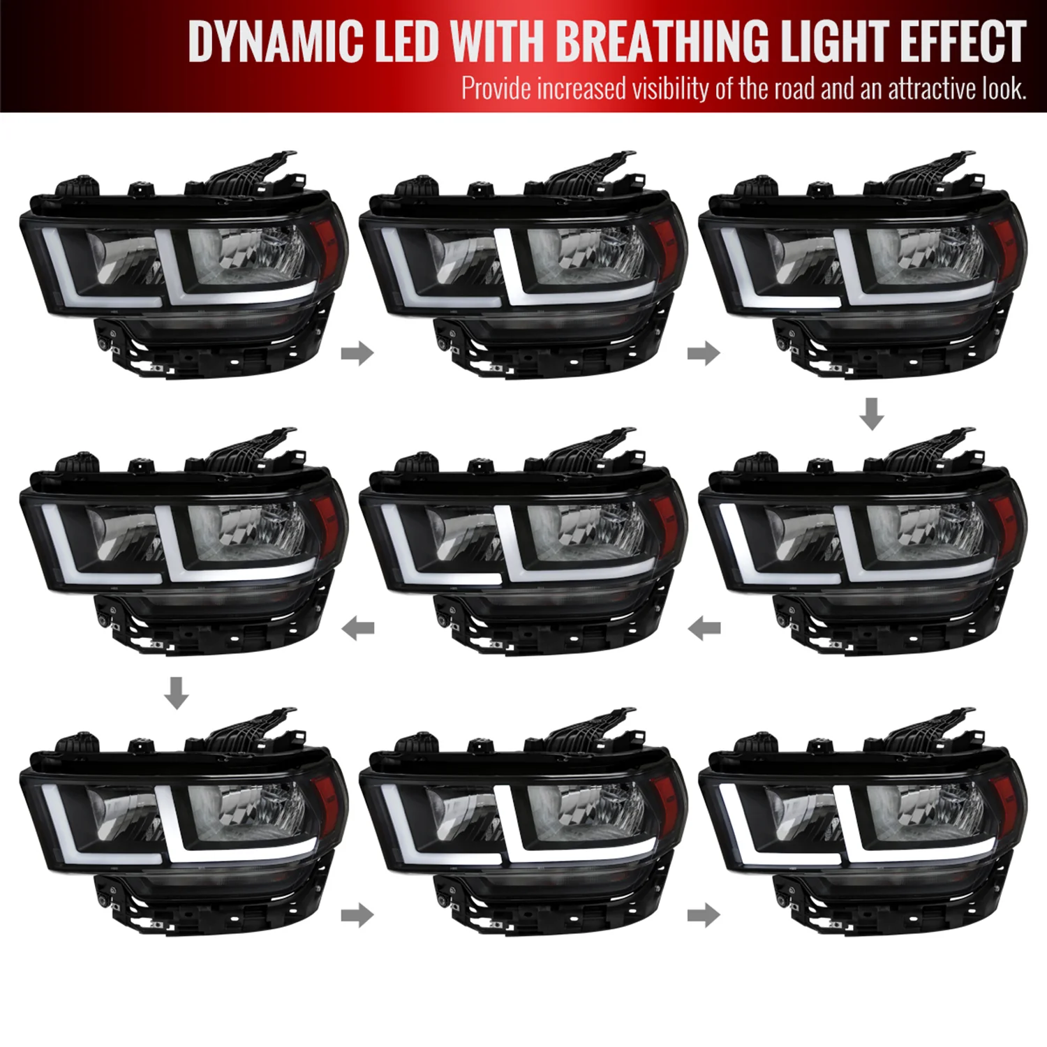 2019-2024 Dodge RAM 2500/3500/4500/5500 LED Bar Factory Headlights Matt Black - Image 2