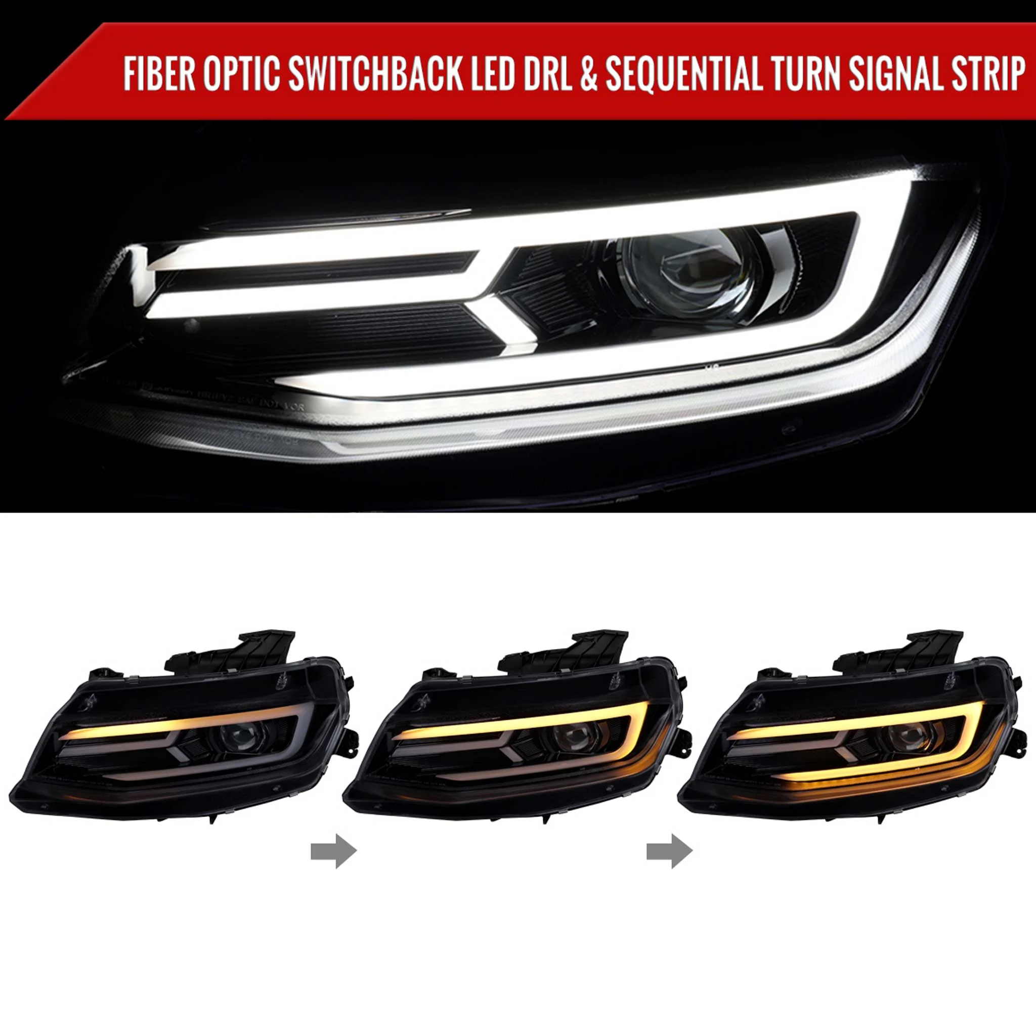 For Chevrolet Camaro 2016-2018 LED Strip Projector Headlights Turn Signal Lights Chrome Housing Smoked Lens - Image 2