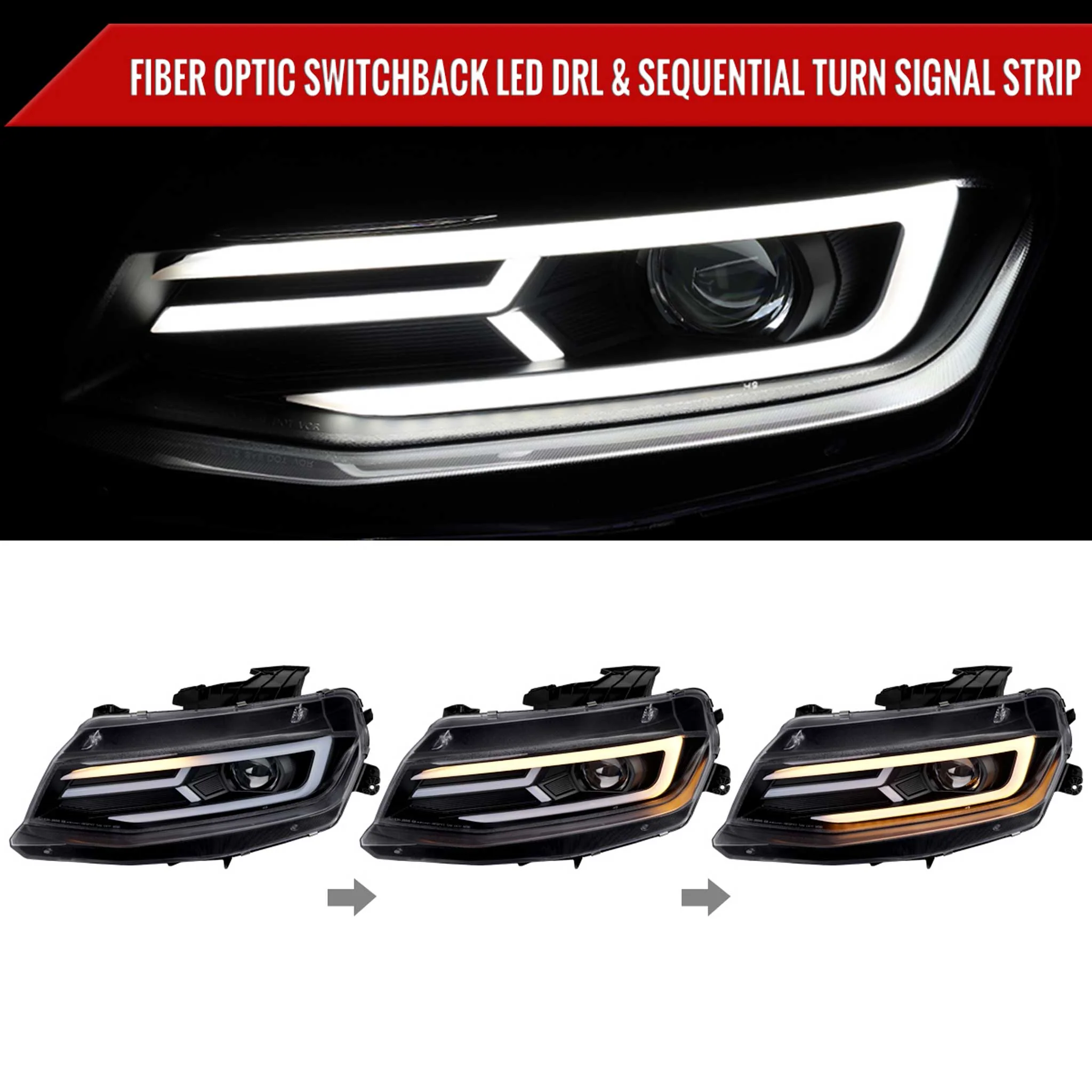For Chevrolet Camaro 2016-2018 LED Strip Projector Headlights Turn Signal Lights Matte Black Housing Clear Lens - Image 2