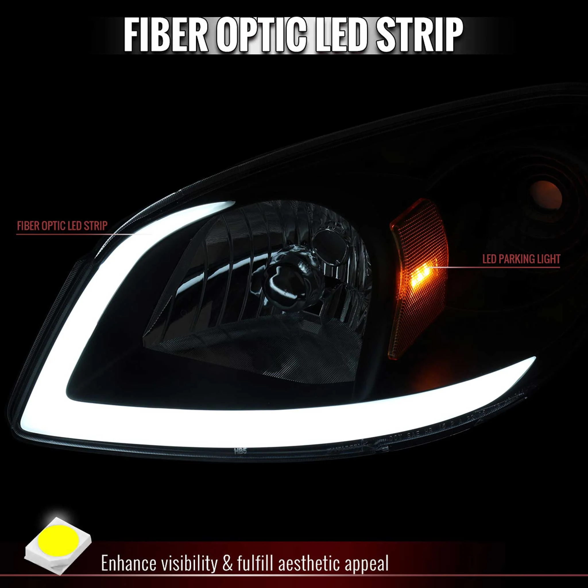 For Chevrolet Cobalt / Pontiac G5 2005-2010 Factory Style Headlights With LED DRL Light Strip Black Housing Smoked Lens - Image 2