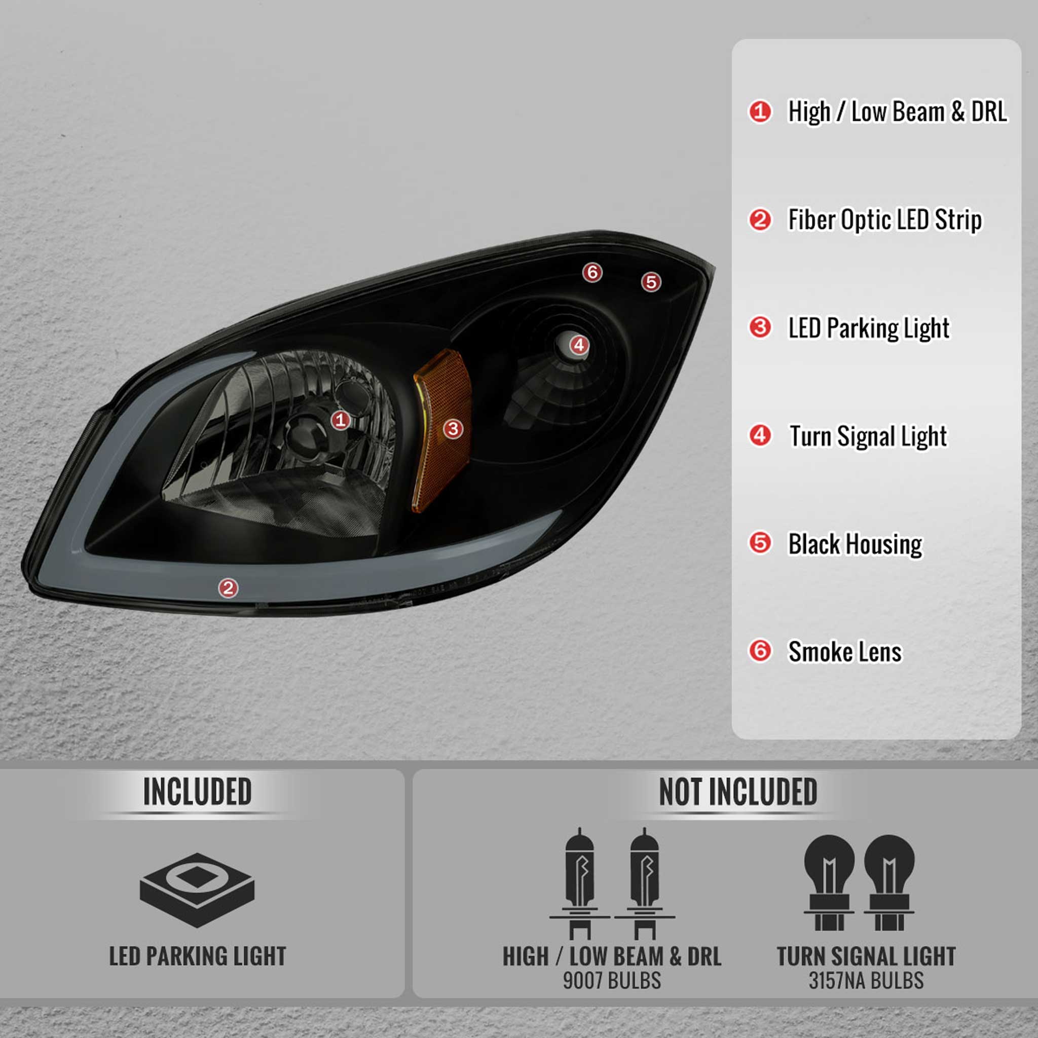 For Chevrolet Cobalt / Pontiac G5 2005-2010 Factory Style Headlights With LED DRL Light Strip Black Housing Smoked Lens - Image 4