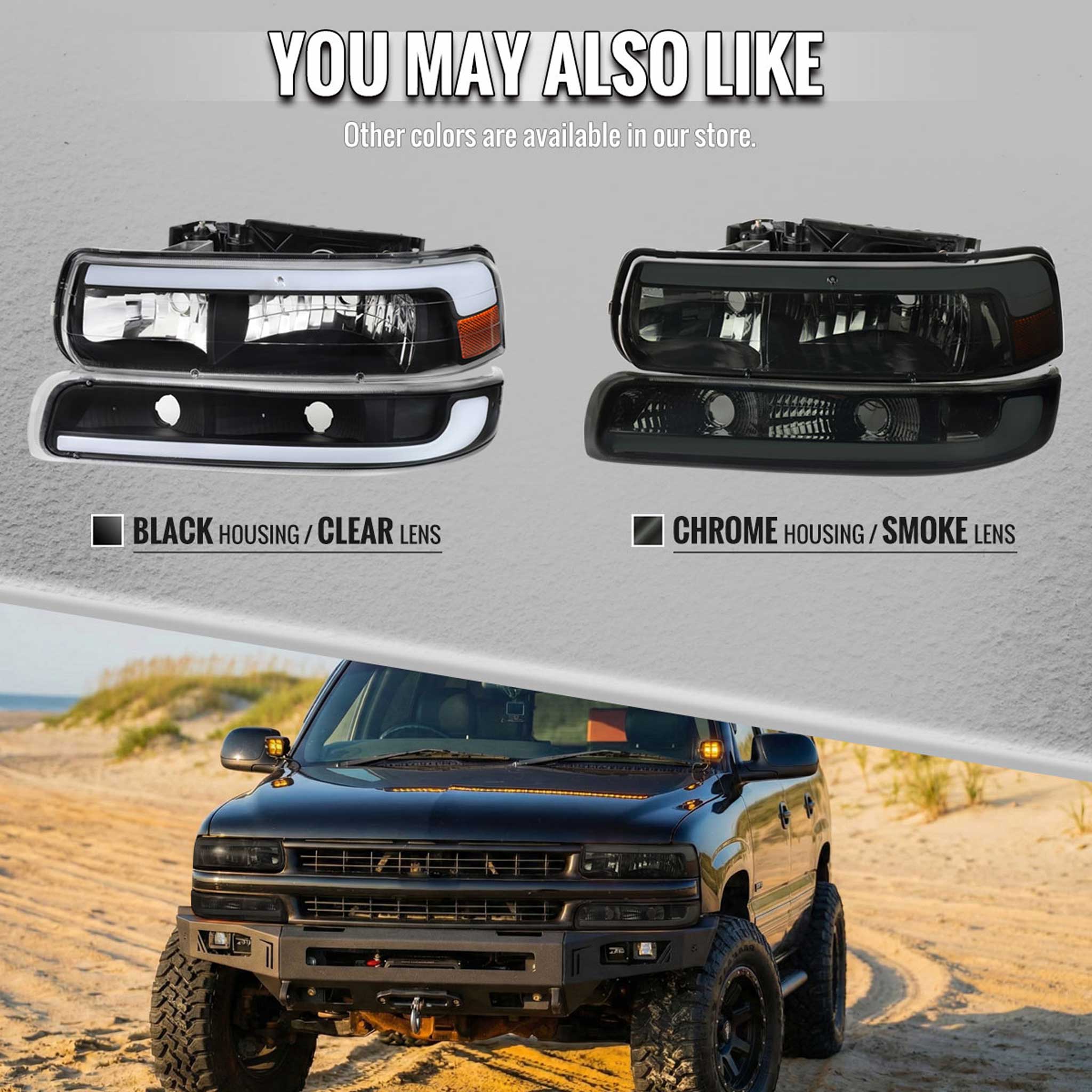 For Chevrolet Silverado Tahoe Suburban 1999-2002 LED Bar Style Headlights Bumper Light Matte Black Housing Clear Lens - Image 6
