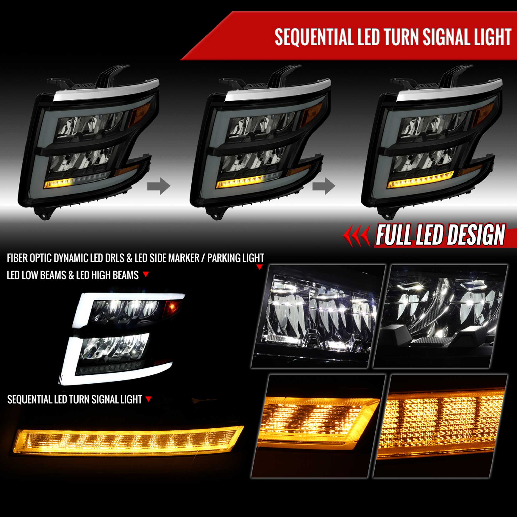 For Chevrolet Tahoe 2015-2020 Full LED DRL Sequential Headlights Matte Black Housing Smoked Lens - Image 2