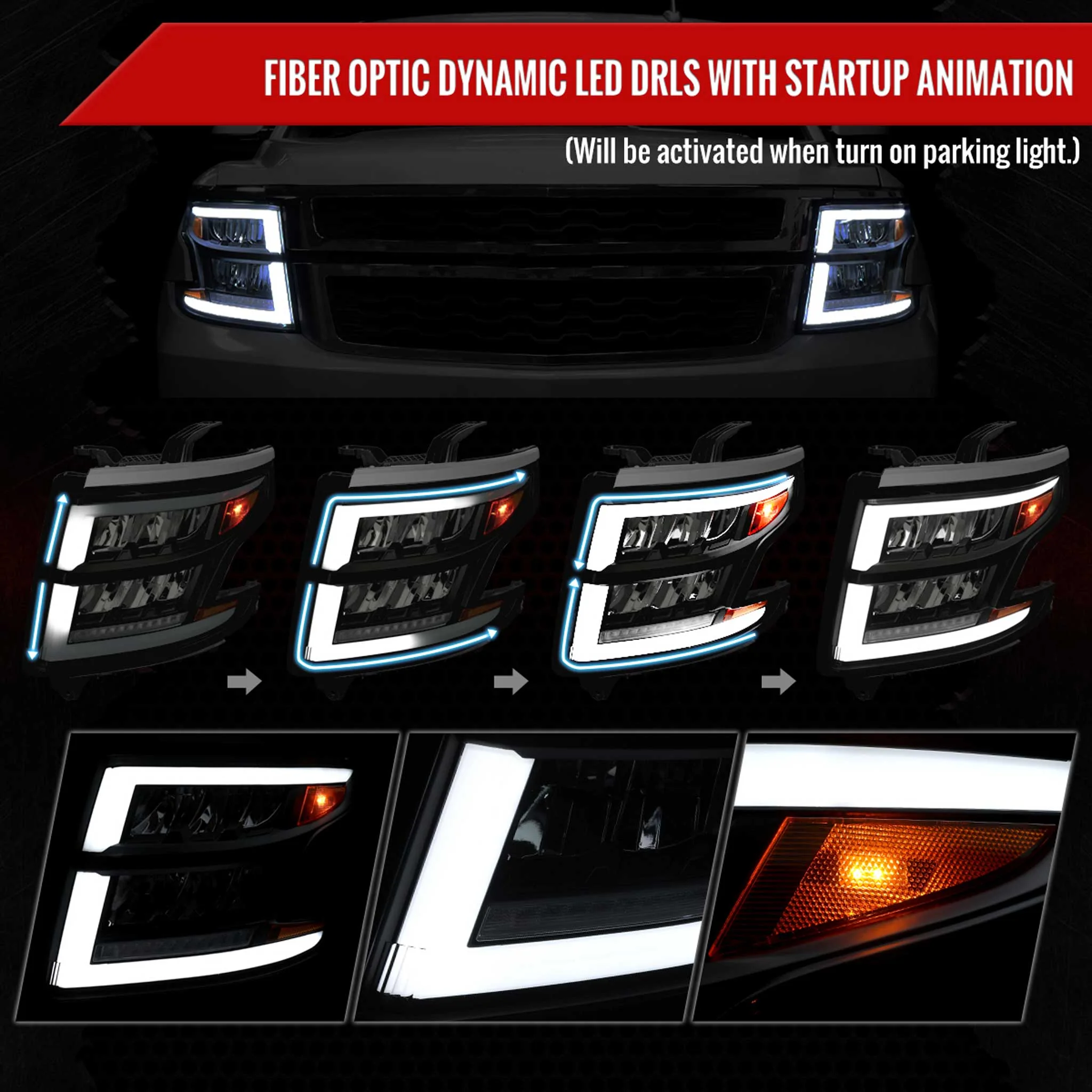 For Chevrolet Tahoe 2015-2020 Full LED DRL Sequential Headlights Matte Black Housing Smoked Lens - Image 3