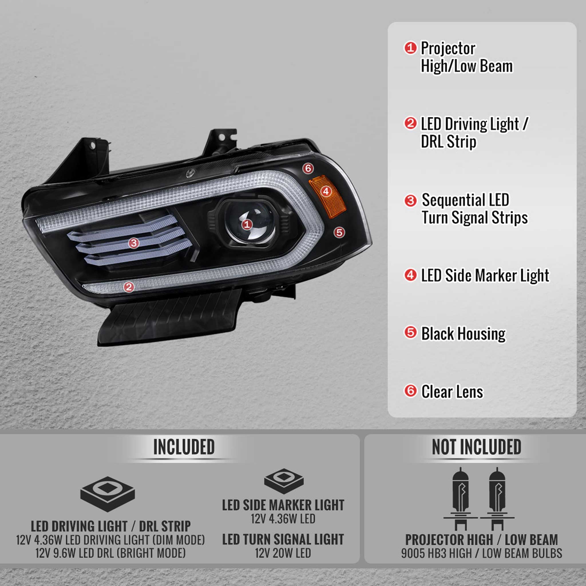 For Dodge Charger 2011-2014 Headlights LED DRL Light Strip Turn Signal Side Marker Black Housing Clear Lens - Image 5