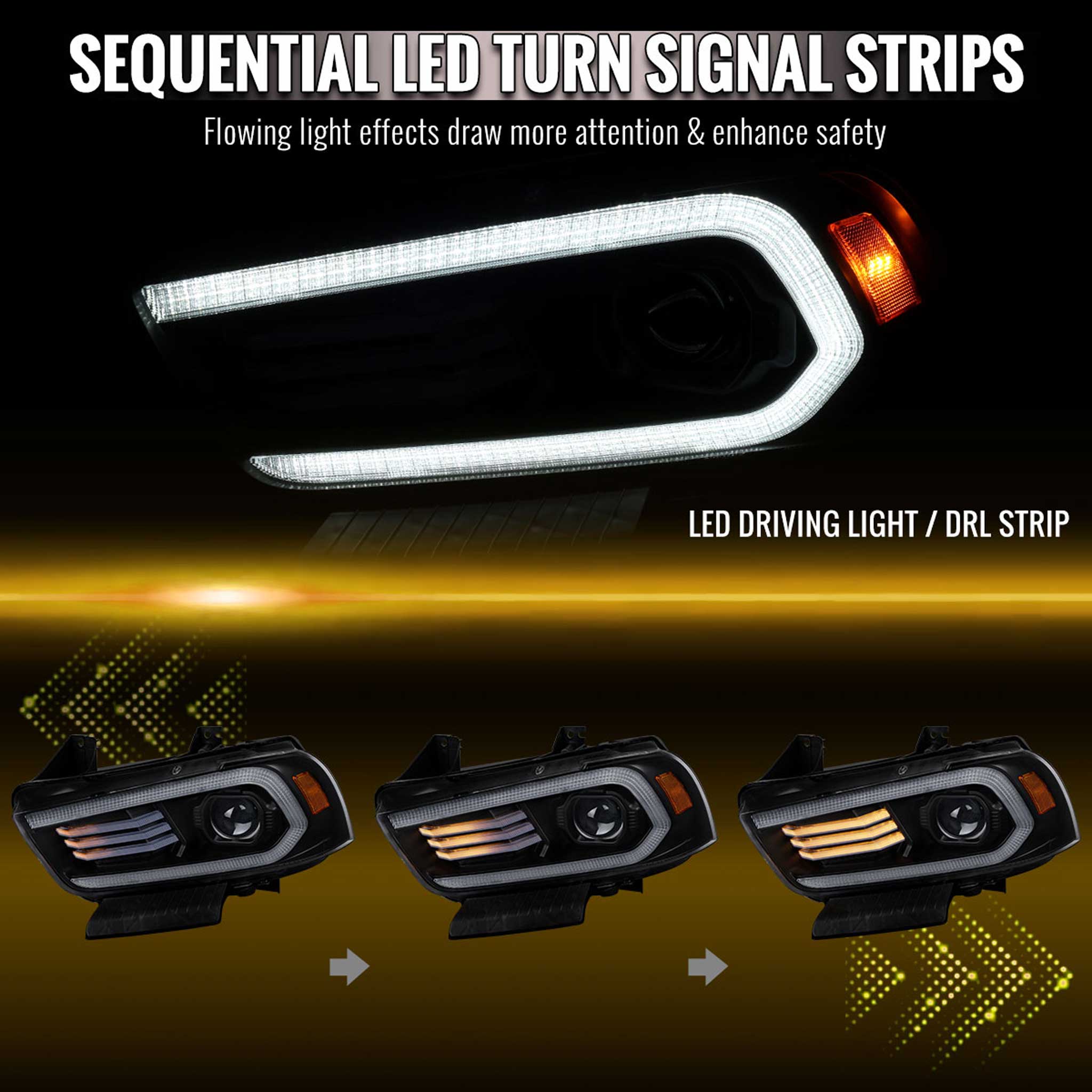 For Dodge Charger 2011-2014 Headlights LED DRL Light Strip Turn Signal Side Marker Black Housing Clear Lens - Image 2