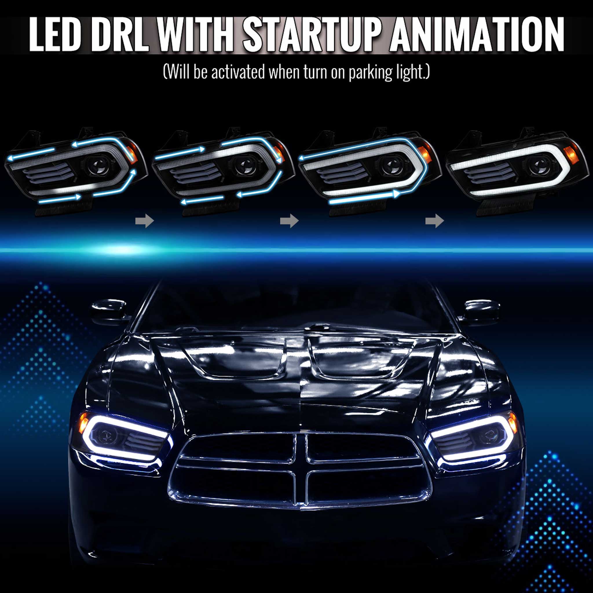 For Dodge Charger 2011-2014 Headlights LED DRL Light Strip Turn Signal Side Marker Black Housing Clear Lens - Image 3