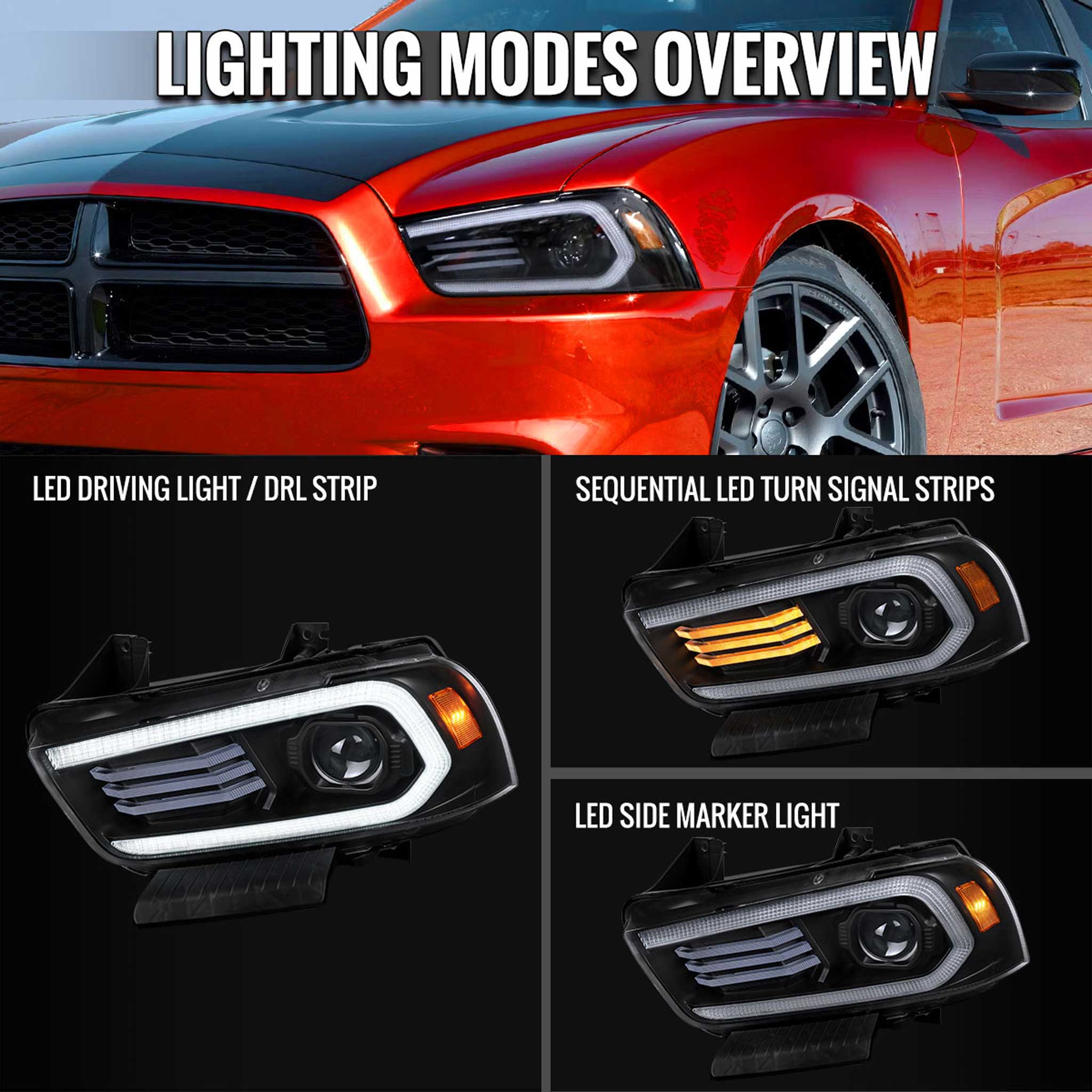 For Dodge Charger 2011-2014 Headlights LED DRL Light Strip Turn Signal Side Marker Black Housing Clear Lens - Image 8