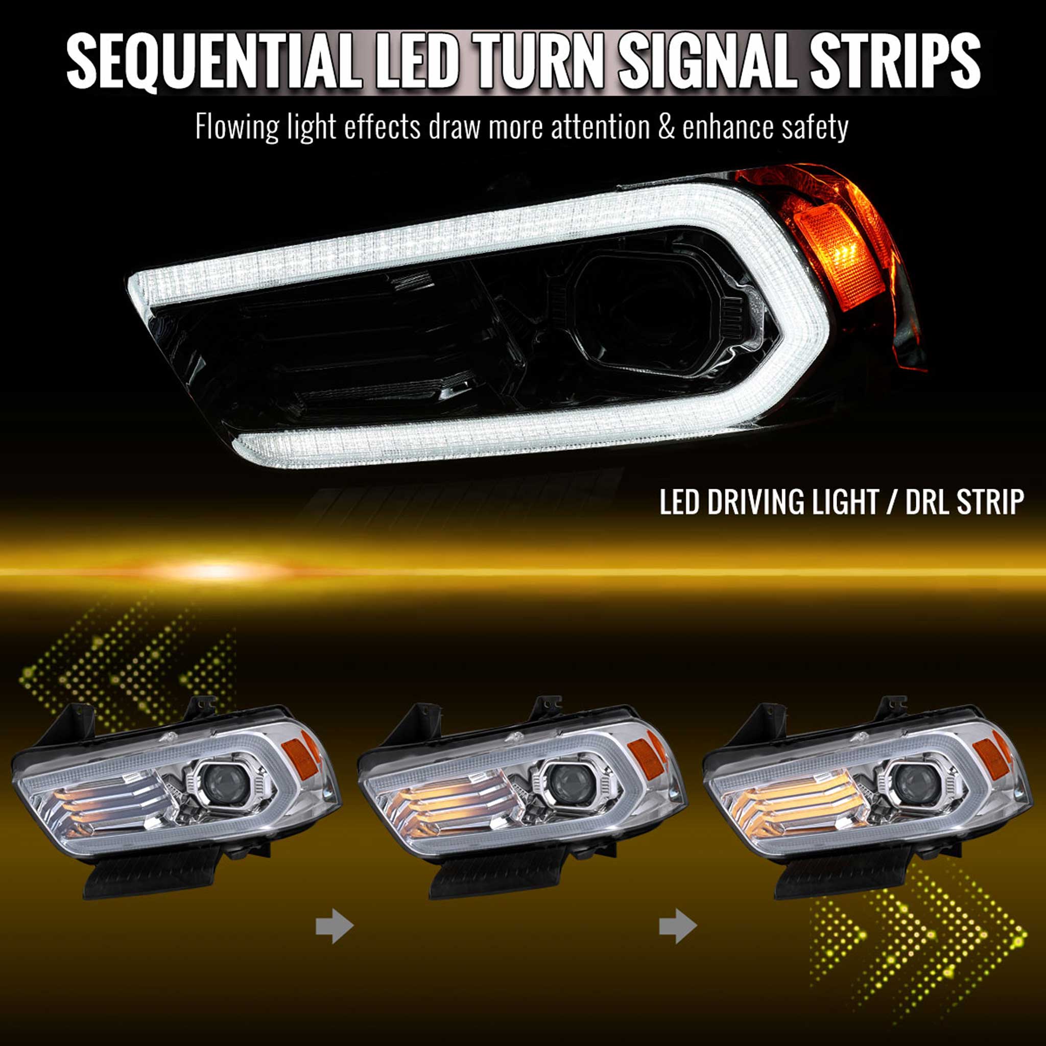 For Dodge Charger 2011-2014 Headlights LED DRL Light Strip Turn Signal Side Marker Chrome Housing Clear Lens - Image 2