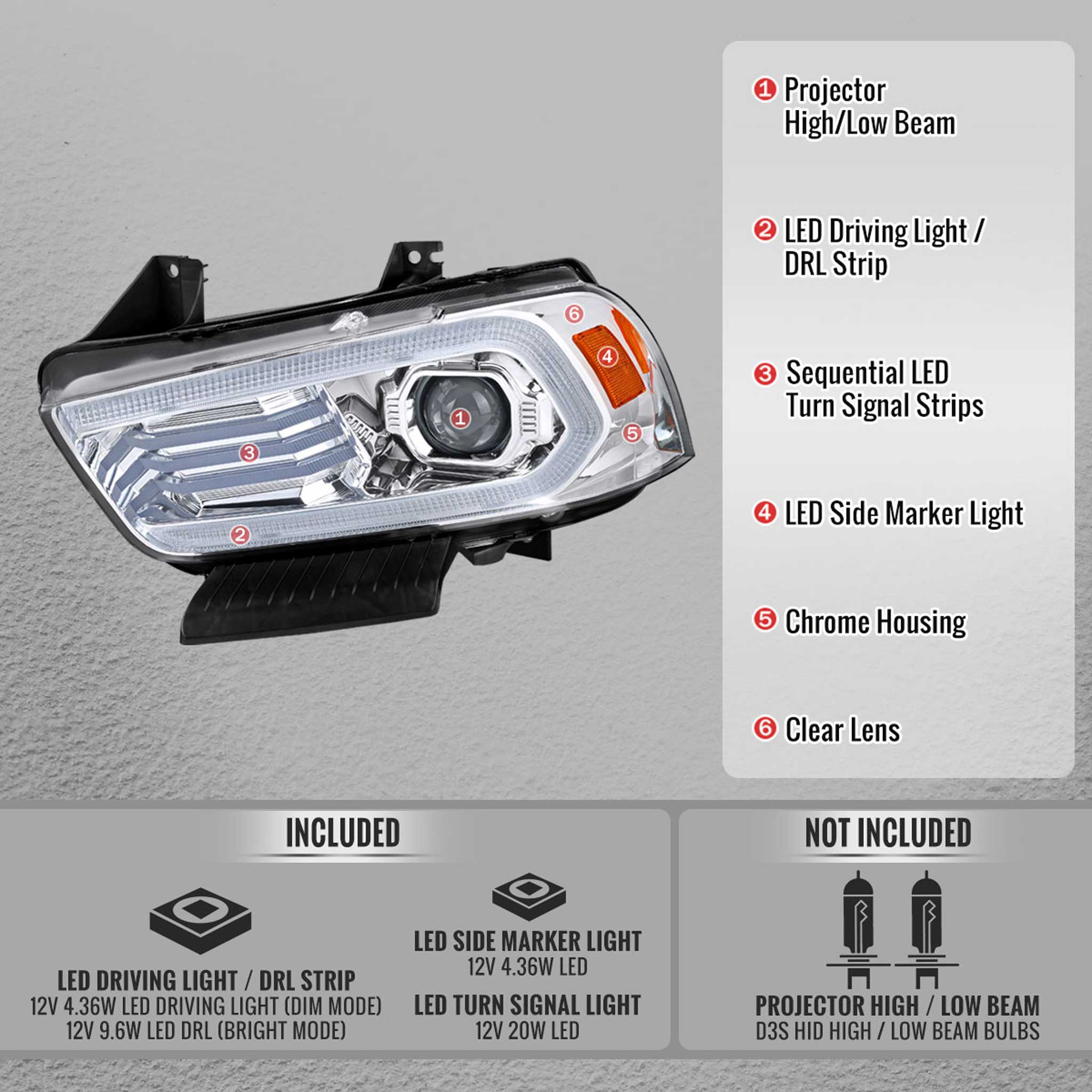 For Dodge Charger 2011-2014 Headlights LED DRL Light Strip Turn Signal Side Marker Chrome Housing Clear Lens - Image 5